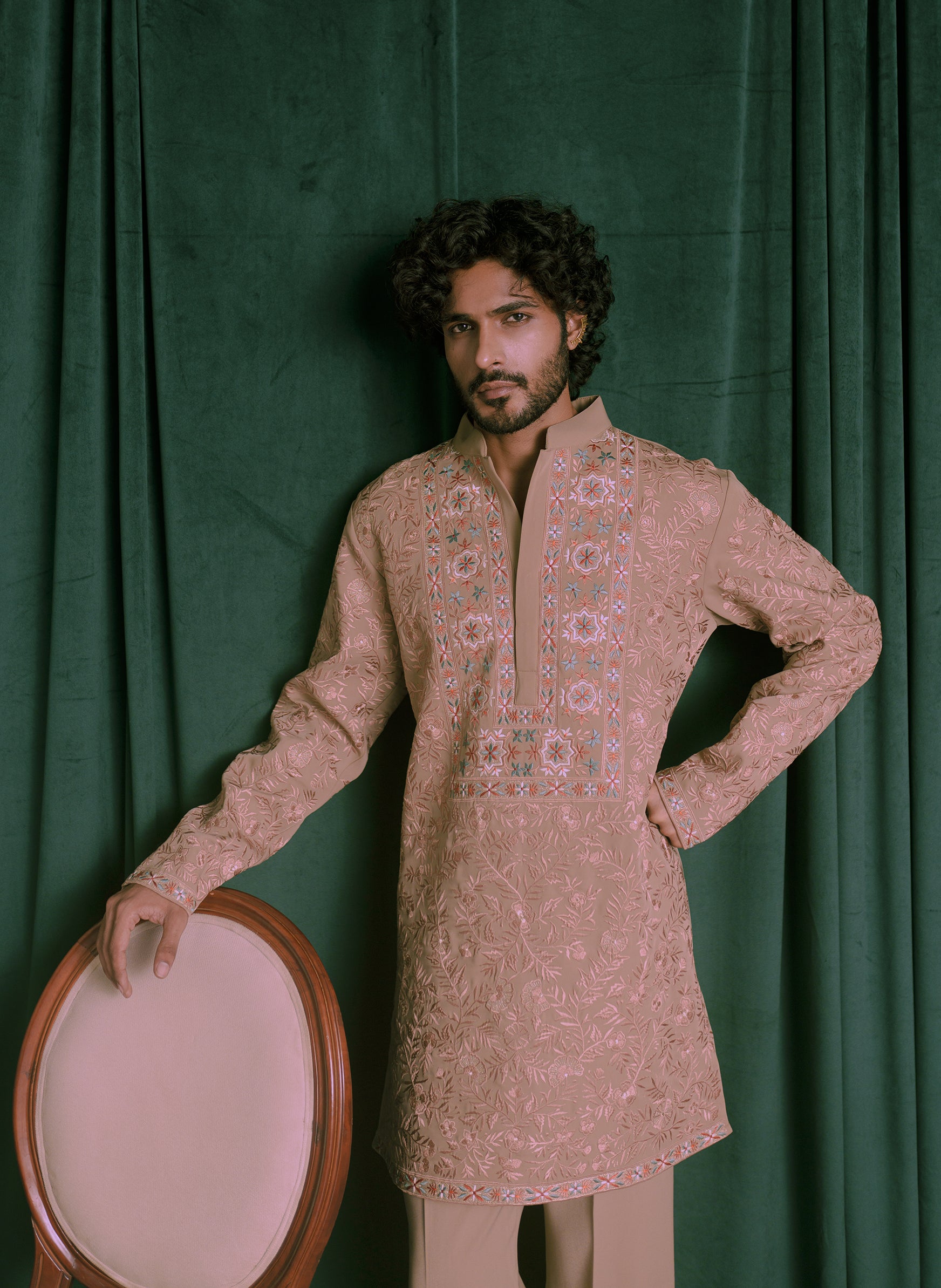 Brown Floral Embroidered Kurta with Wide Trousers
