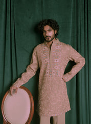 Brown Floral Embroidered Kurta with Wide Trousers