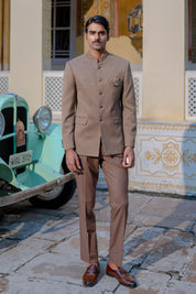 Brown Herringbone Structured Bandhgala Suit