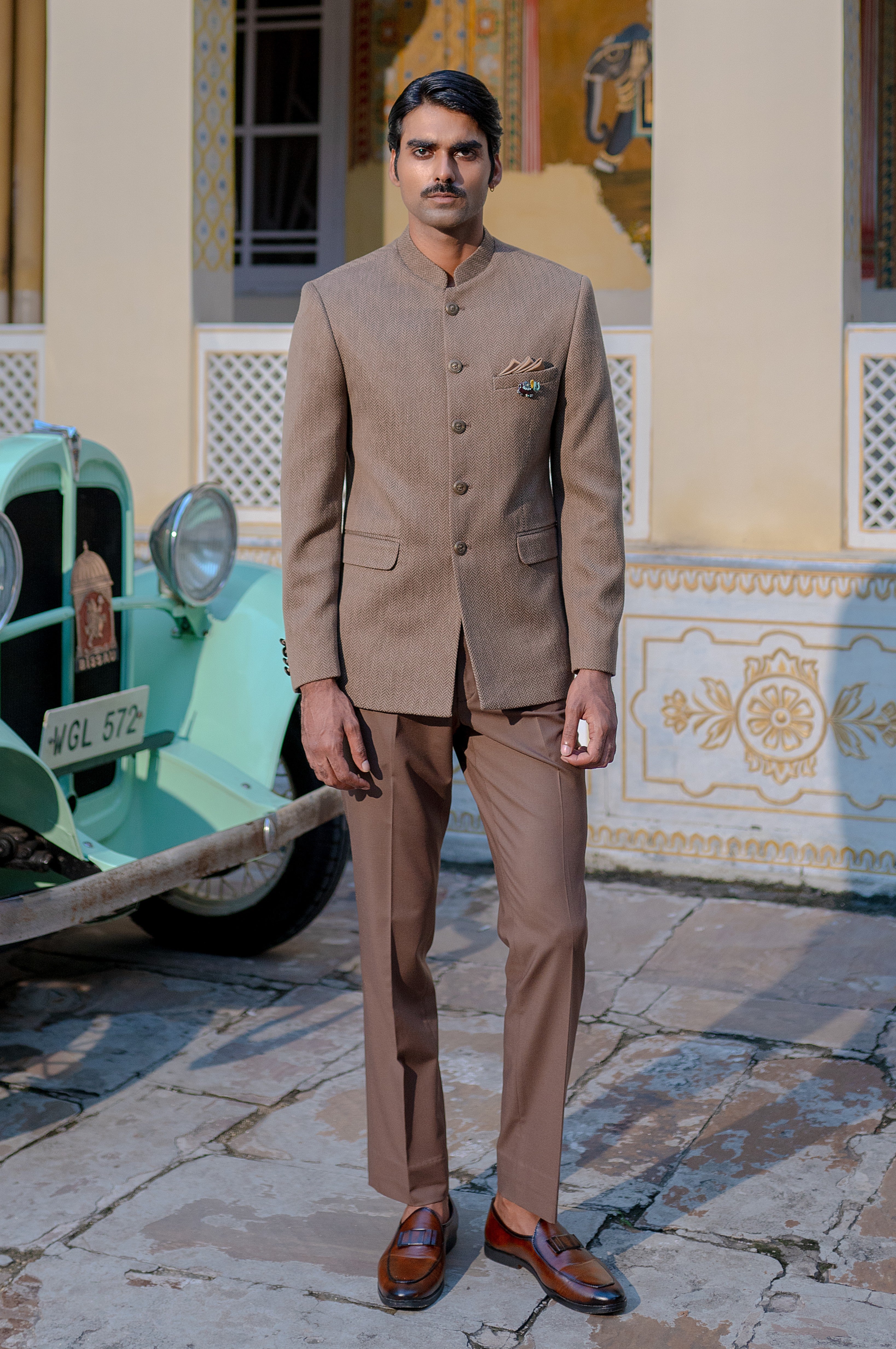 Brown Herringbone Structured Bandhgala Suit