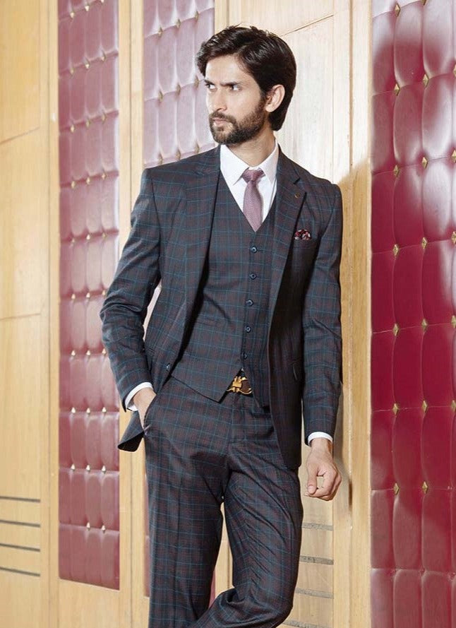 Men's Brown Checked Single-Breasted 5-Piece Suit - Classic Formal Wear

