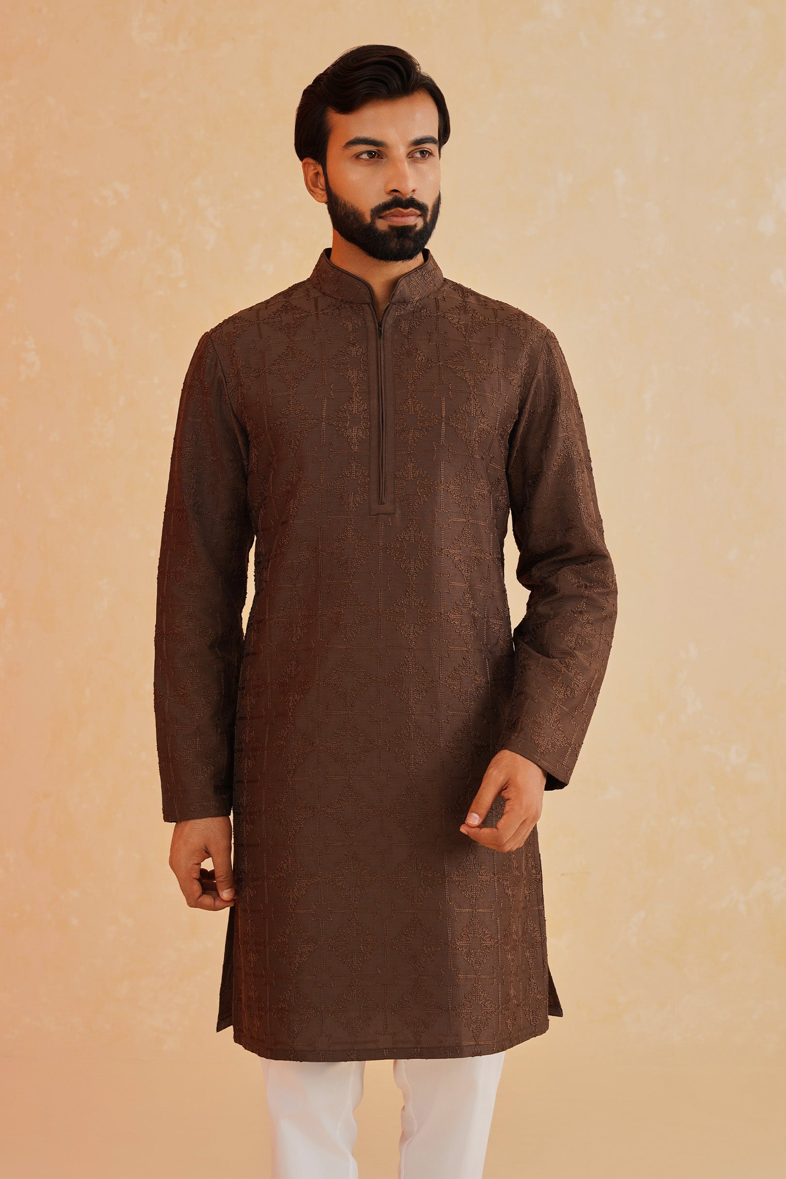 Men's Brown Embroidered Kurta Pyjama Set - Traditional Indian Attire

