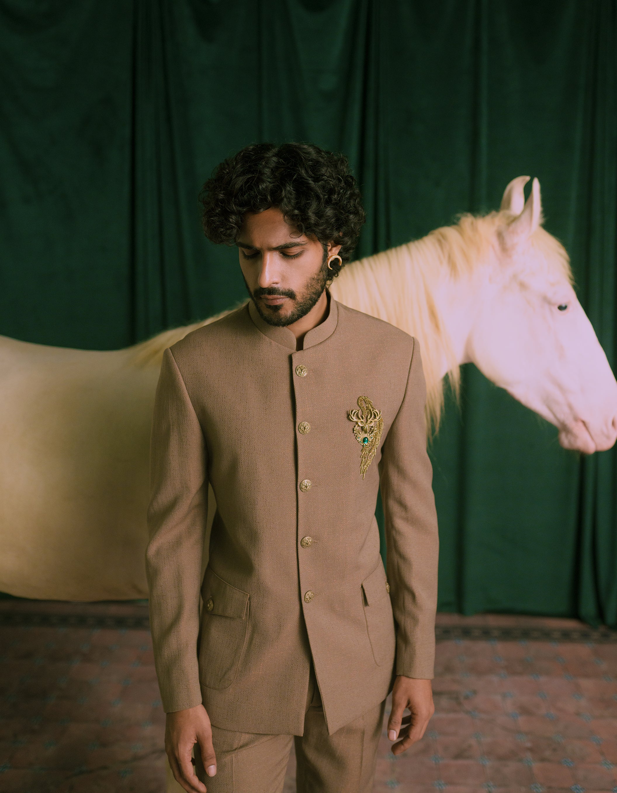 Brown bandhgala with Brooch and Patch Pockets