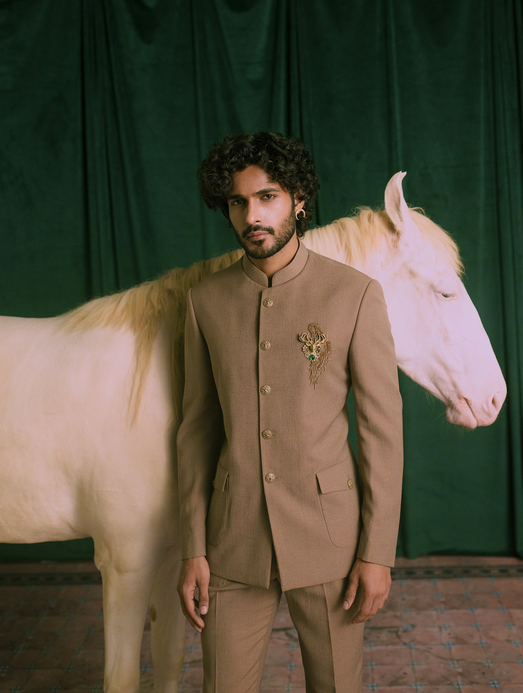 Brown bandhgala with Brooch and Patch Pockets
