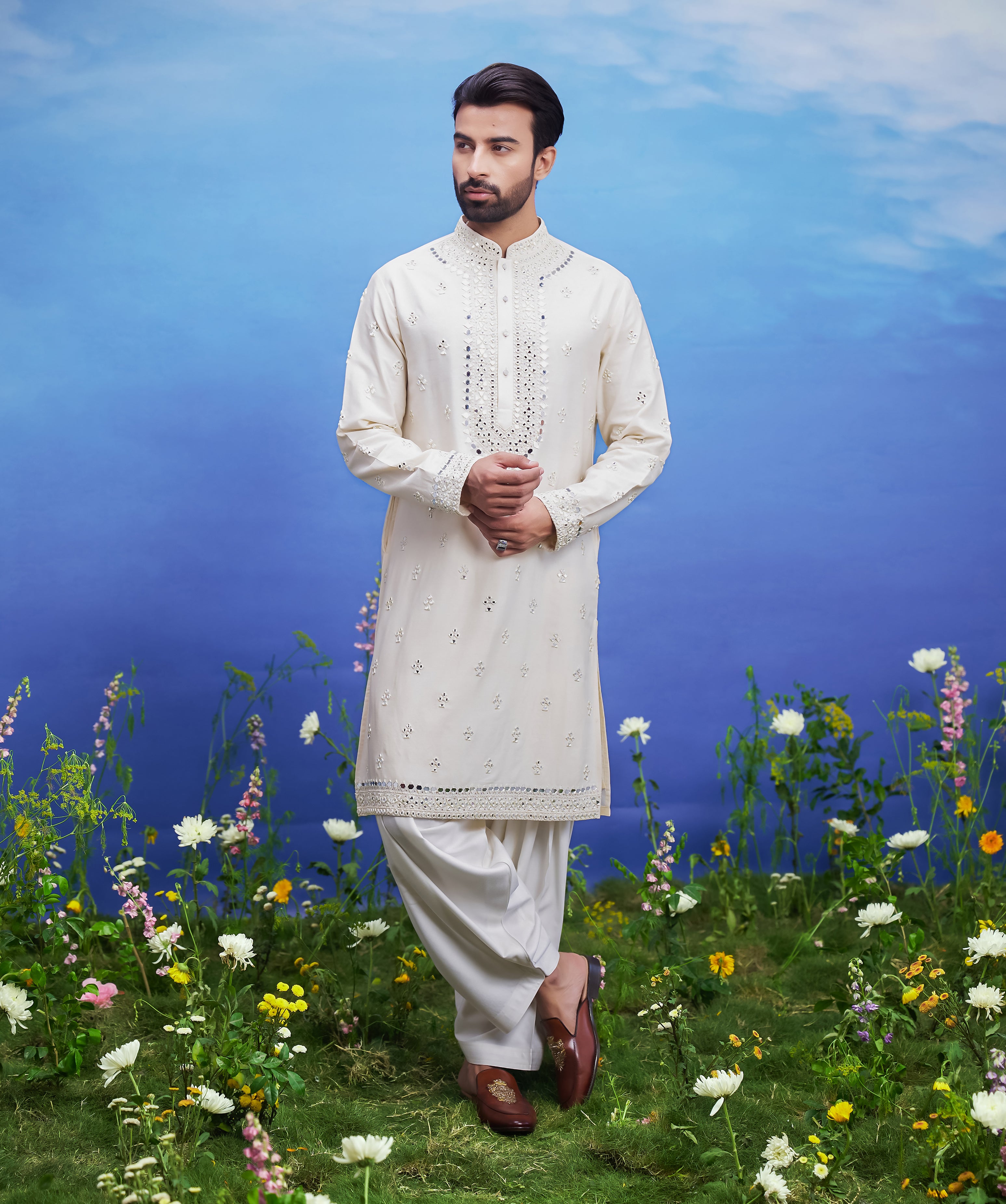 Cream mirror work embroidered kurta set for men, featuring a blended silk kurta and Patiala salwar.
