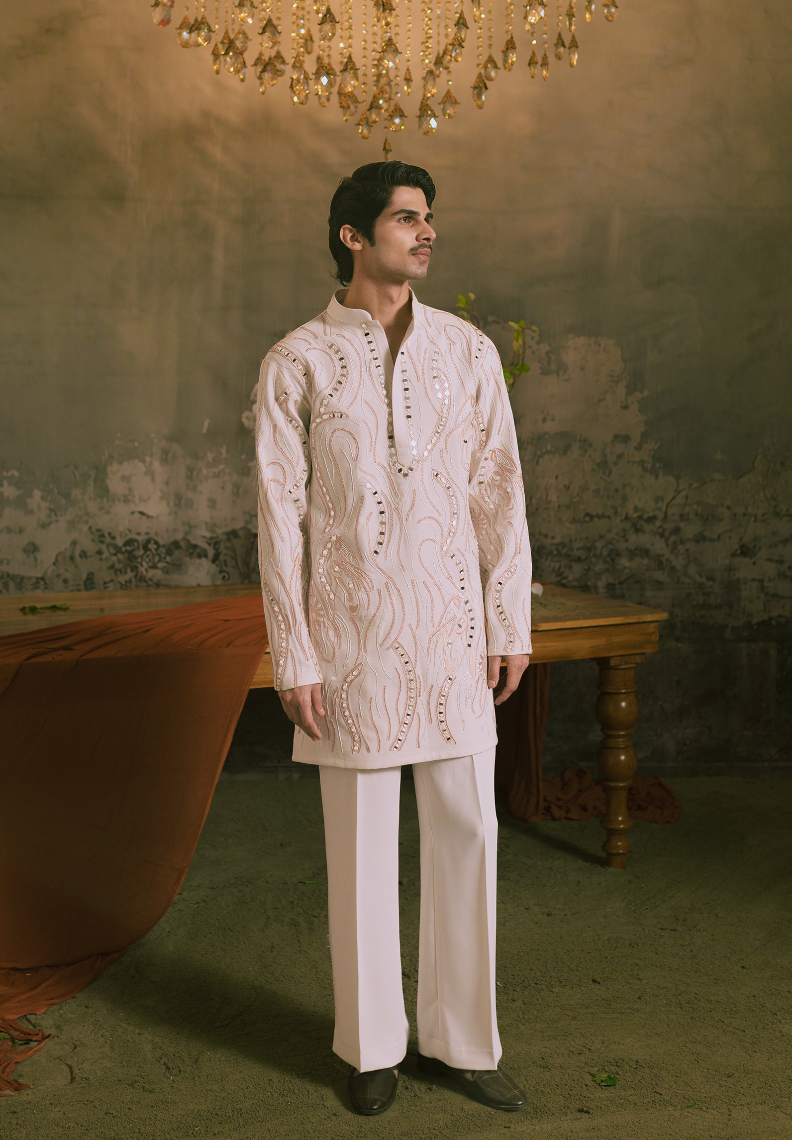 Cream Mirror Work Kurta with Wide Trousers