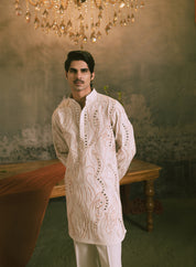 Cream Mirror Work Kurta with Wide Trousers