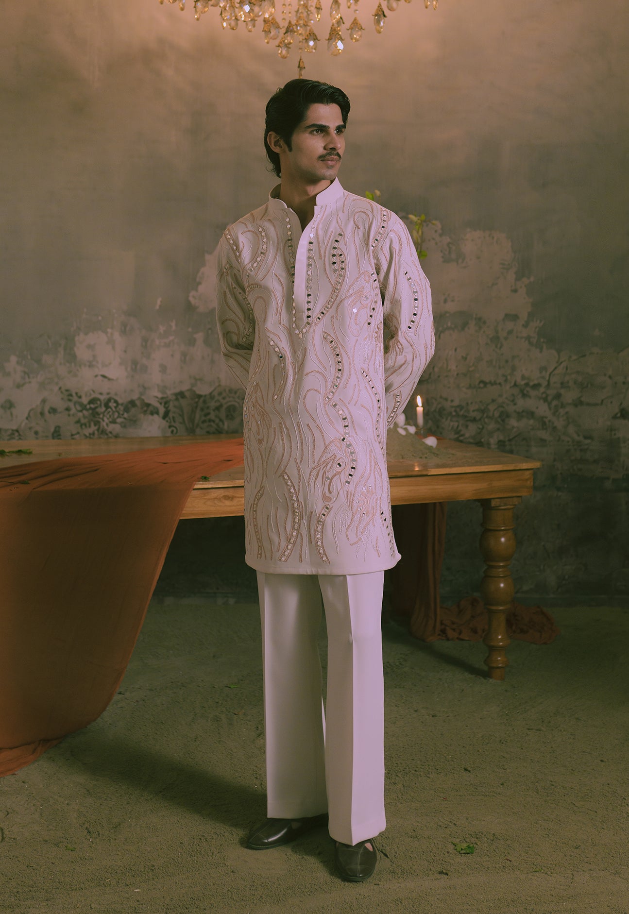 Cream Mirror Work Kurta with Wide Trousers