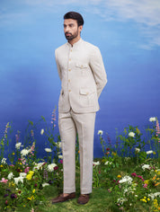 Men's cream patch pocket Bandhgala suit, presented as a complete outfit on a product page, designed for festive and wedding events.