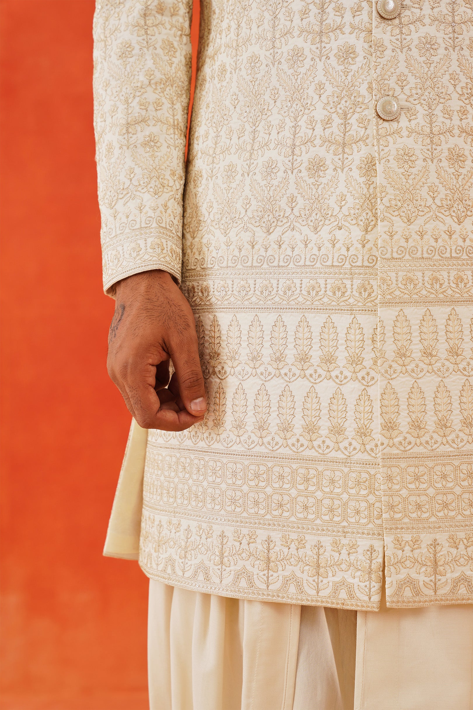 Stylish Cream Sherwani with Embroidery and Dhoti - Perfect for Weddings and Formal Occasions

