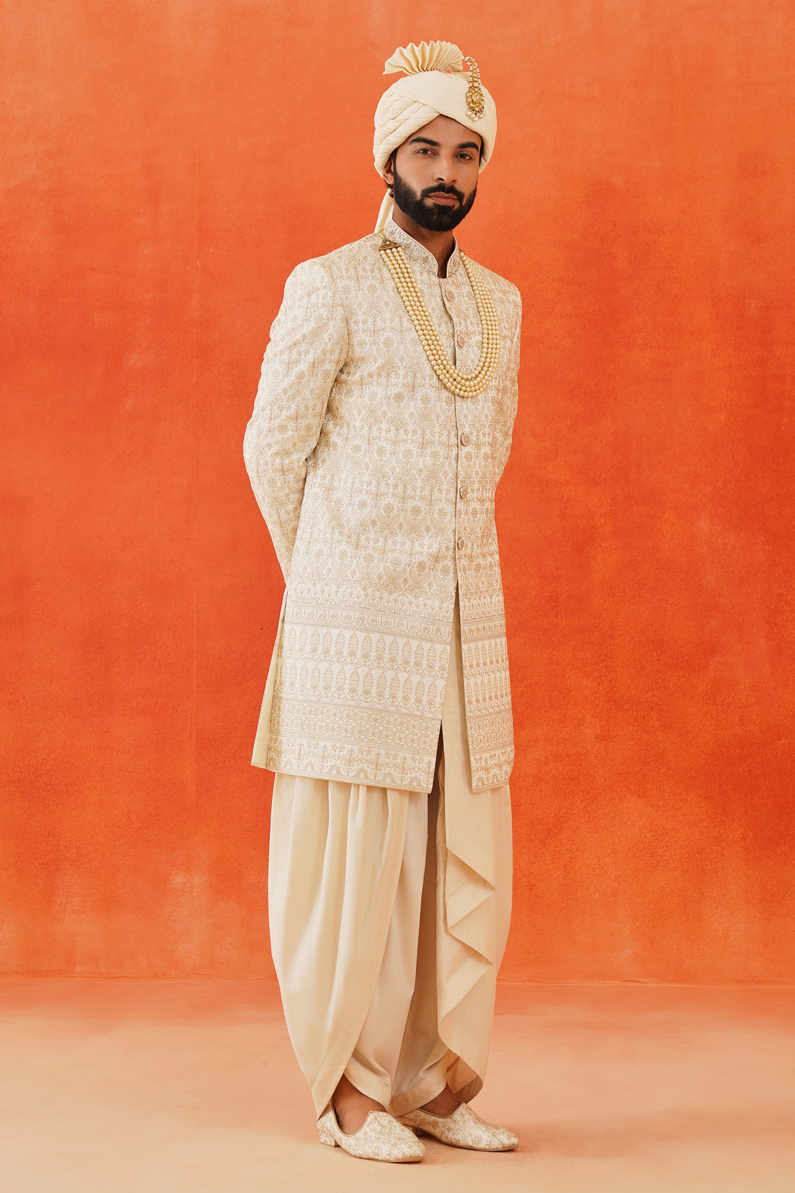 Men&#39;s Cream Embroidered Sherwani with Dhoti - Traditional Indian Wedding Wear

