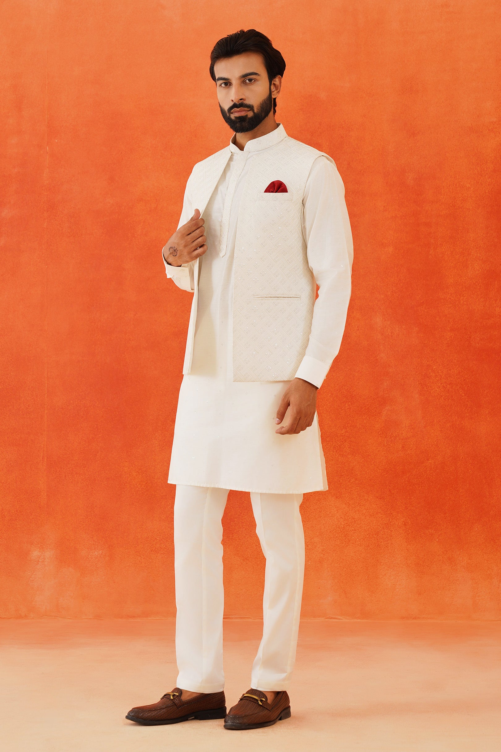 Elegant Cream Embroidered Kurta Jacket - Indian Ethnic Wear

