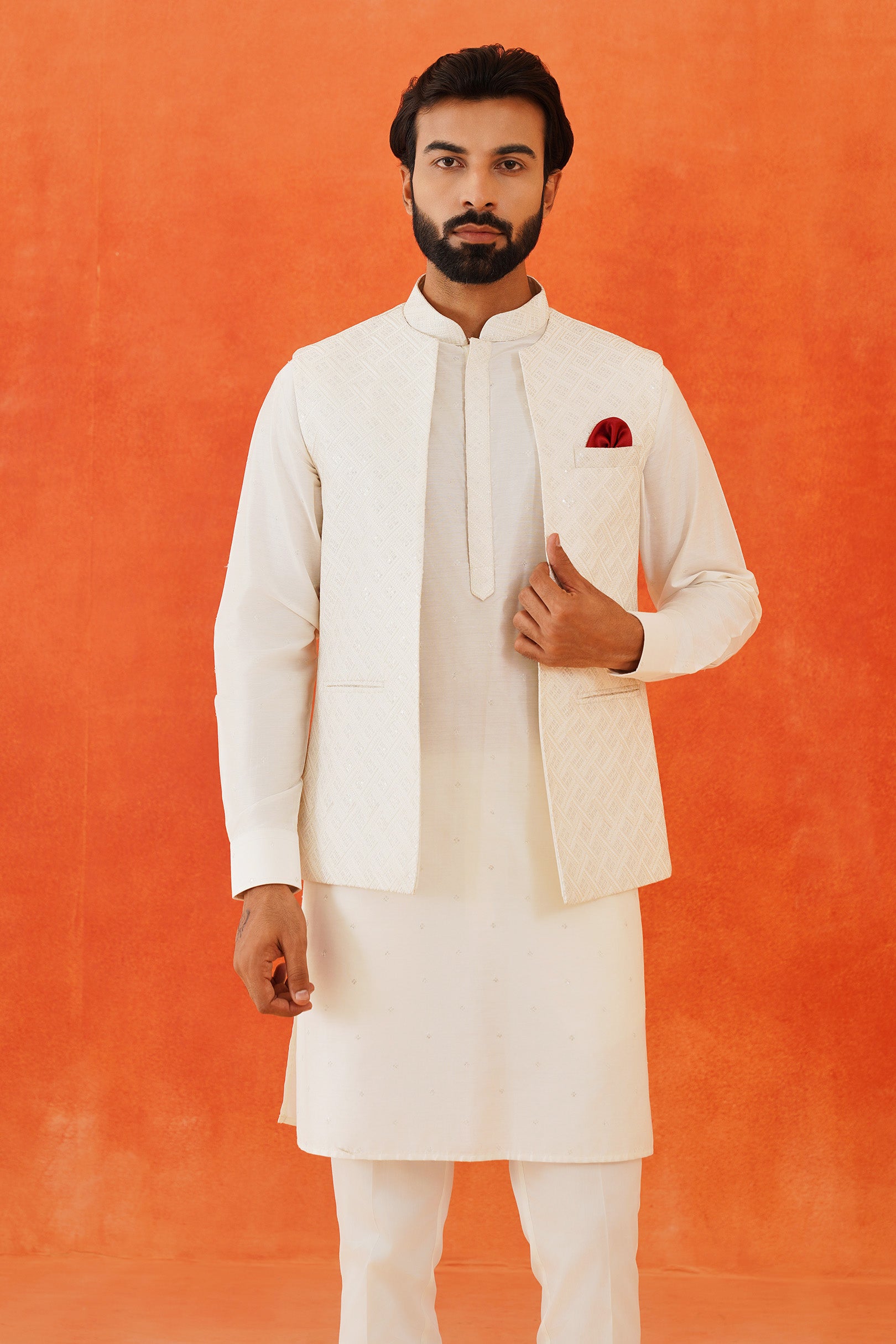 Stylish Cream Kurta Jacket Set with All-Over Embroidery - Perfect for Festive Occasions

