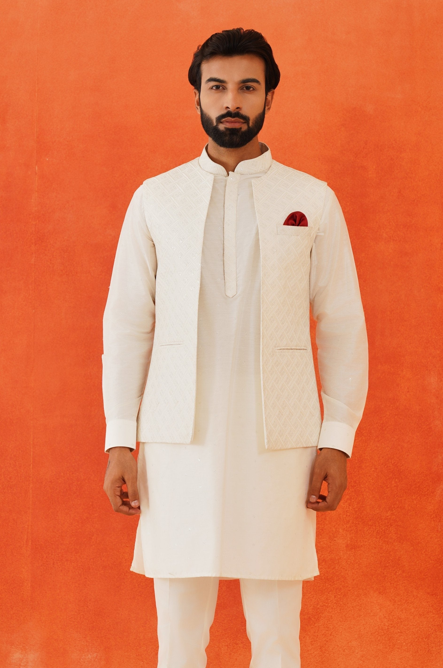 Men's Cream Fully Embroidered Kurta Jacket Set - Traditional Indian Attire

