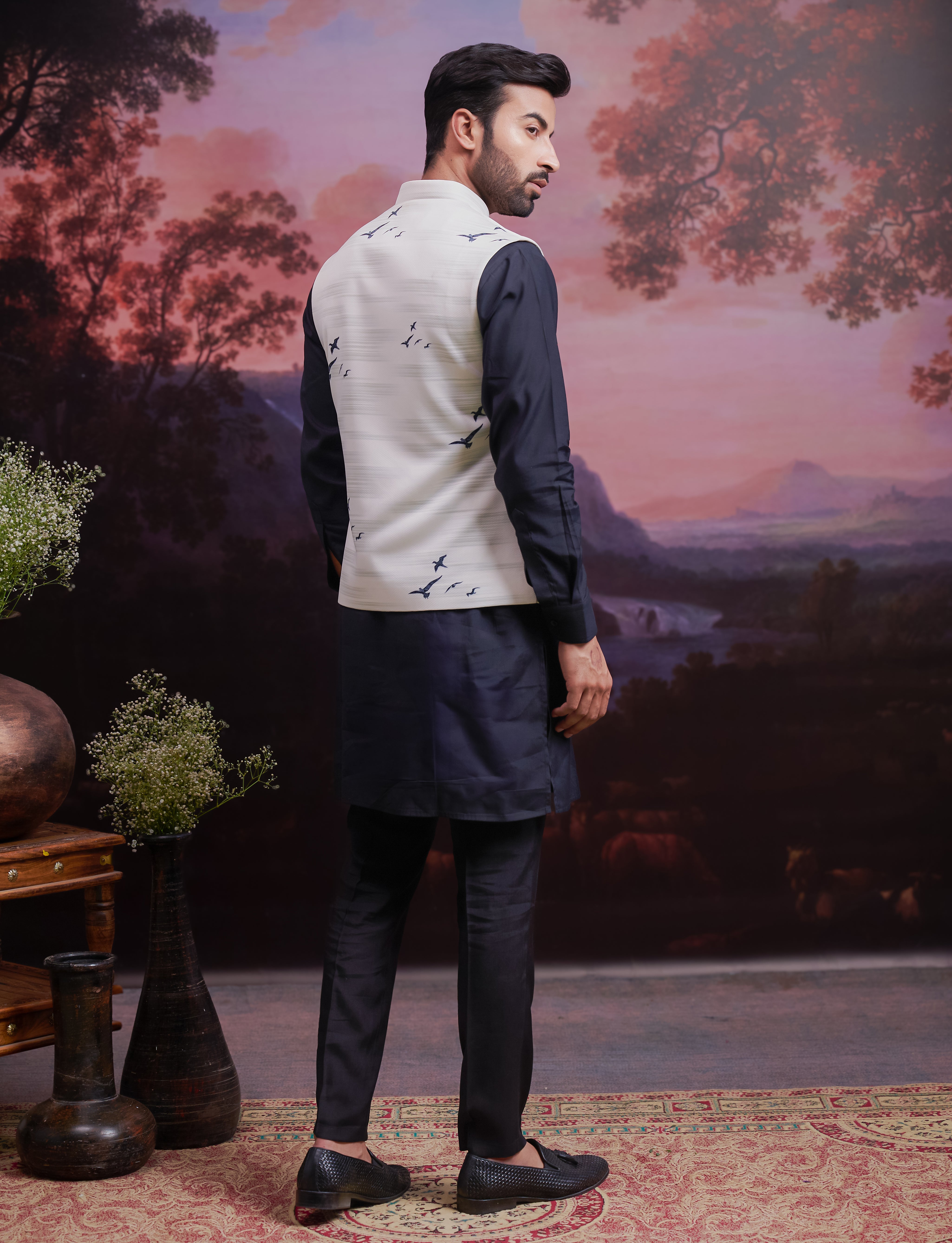 Cream and Black Nehru Jacket