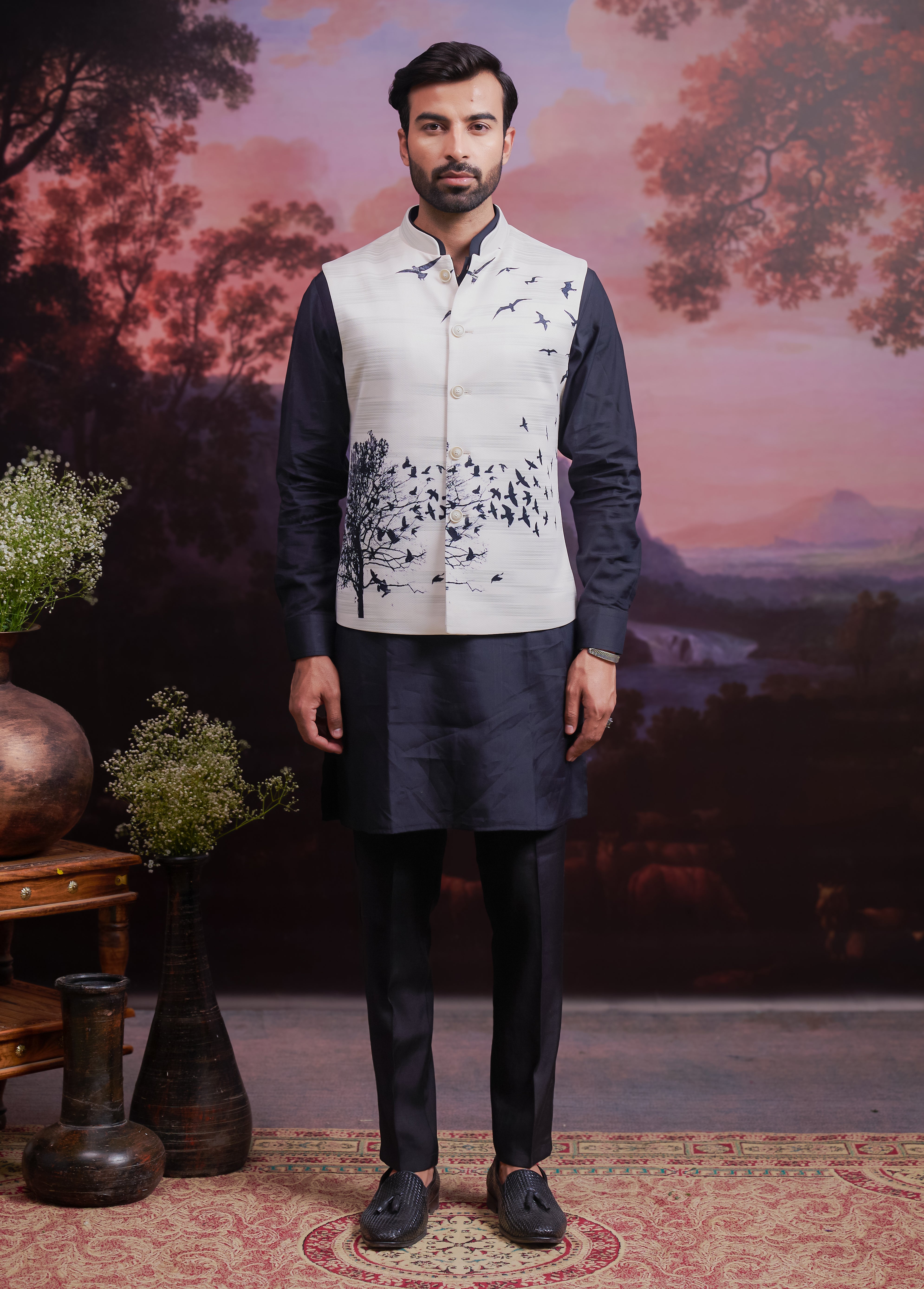 Cream and Black Nehru Jacket