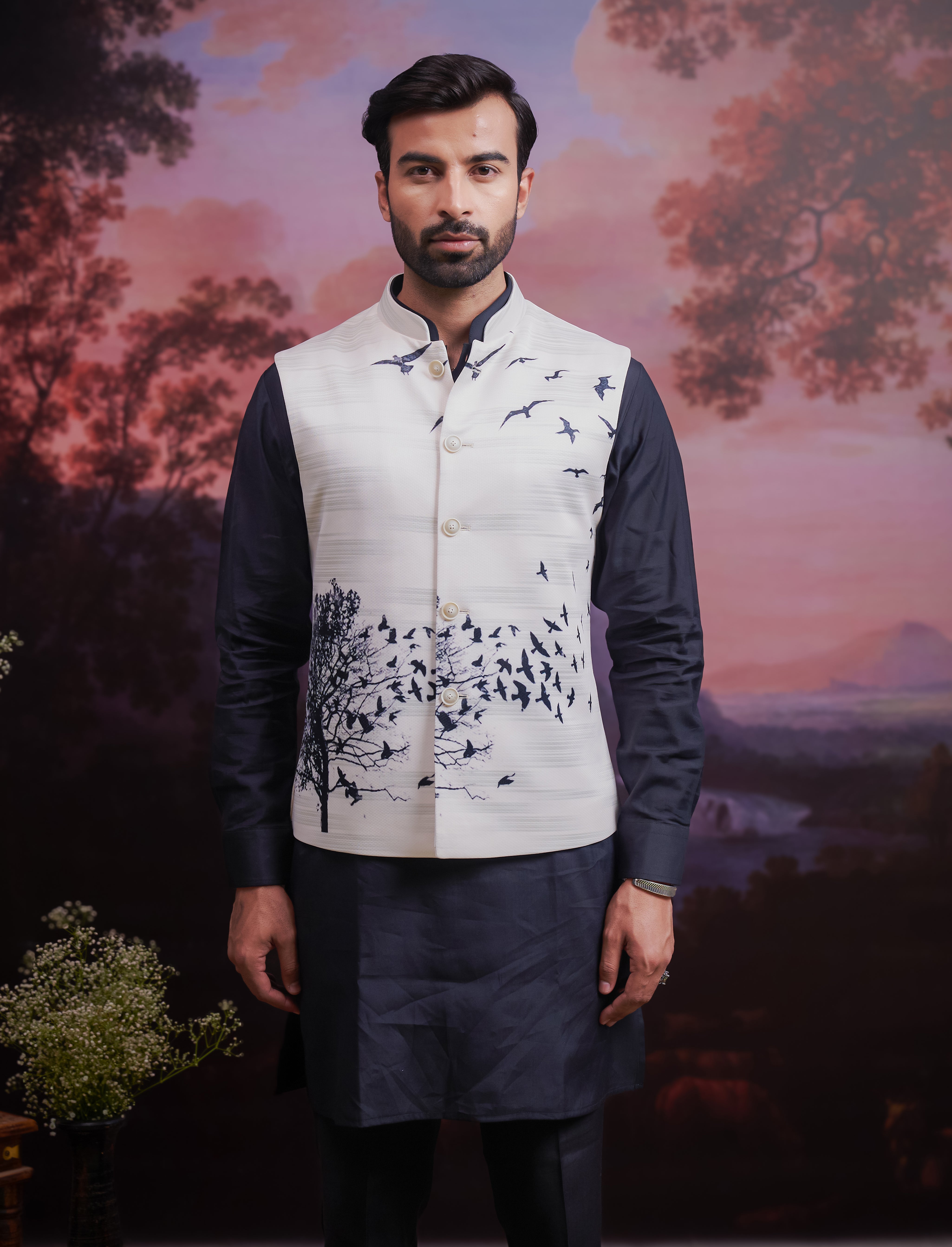 Cream and Black Nehru Jacket