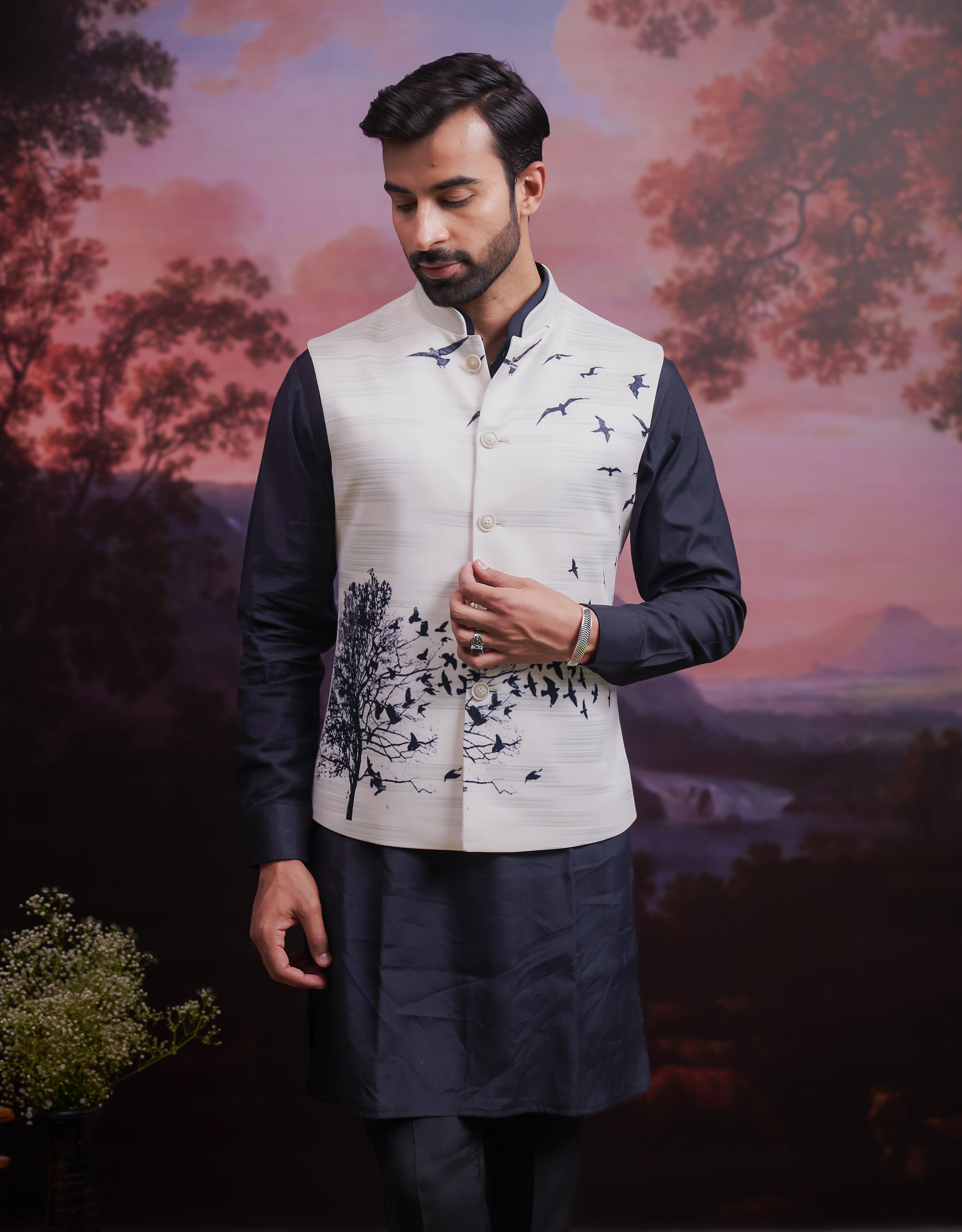 Cream and Black Nehru Jacket