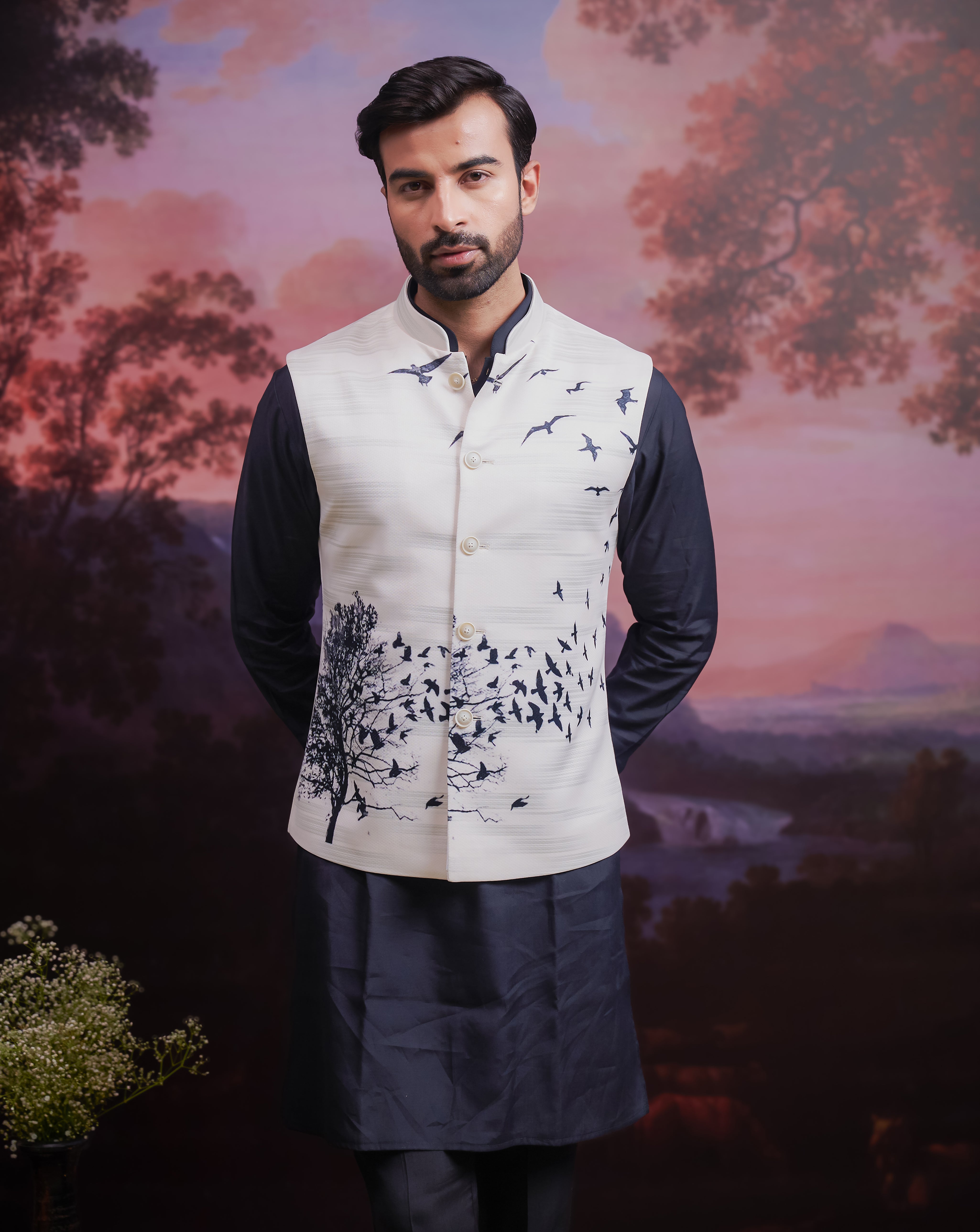 Cream and Black Nehru Jacket
