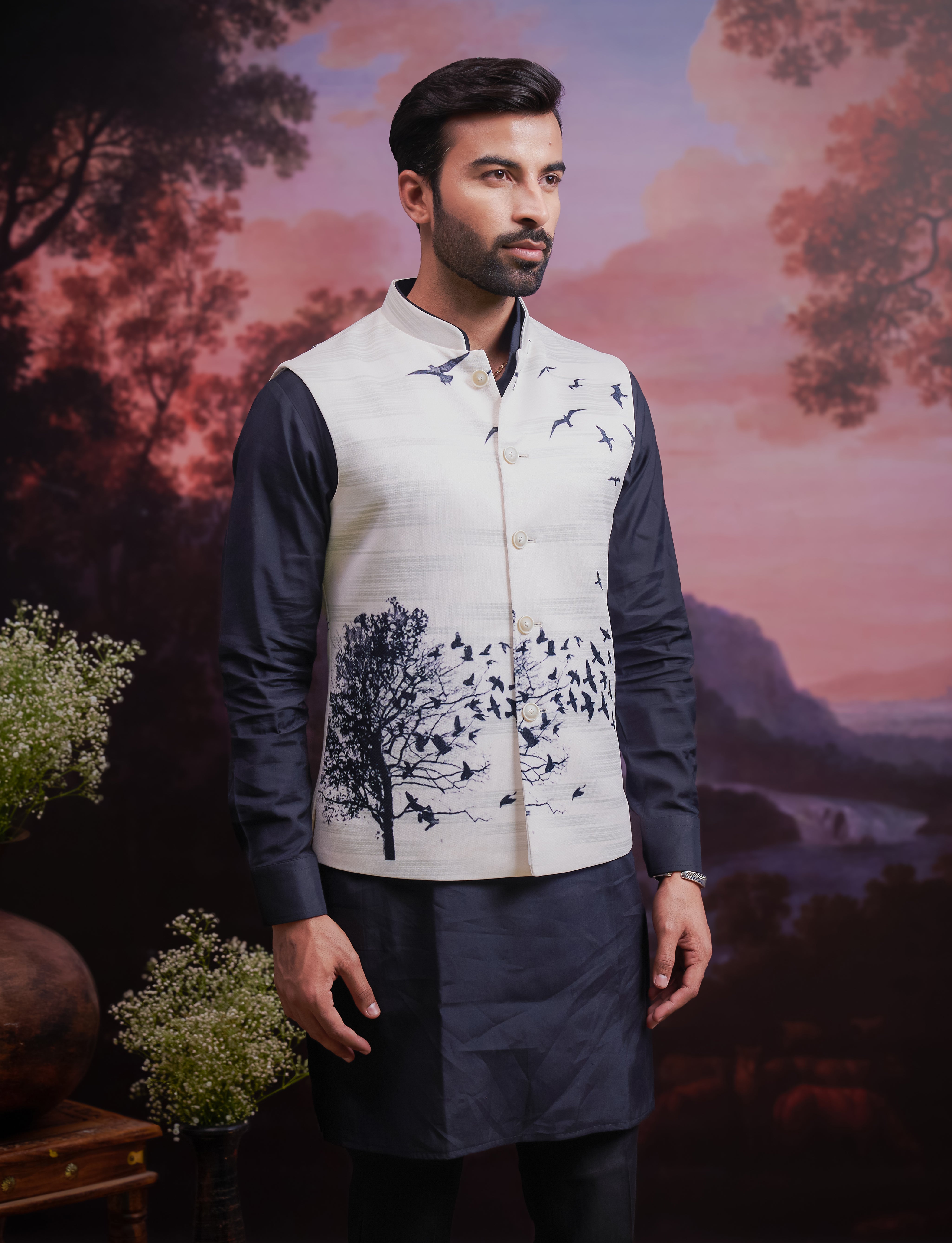 Cream and Black Nehru Jacket