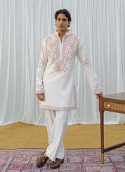 Cream Hand embroidered kurta with wide trousers