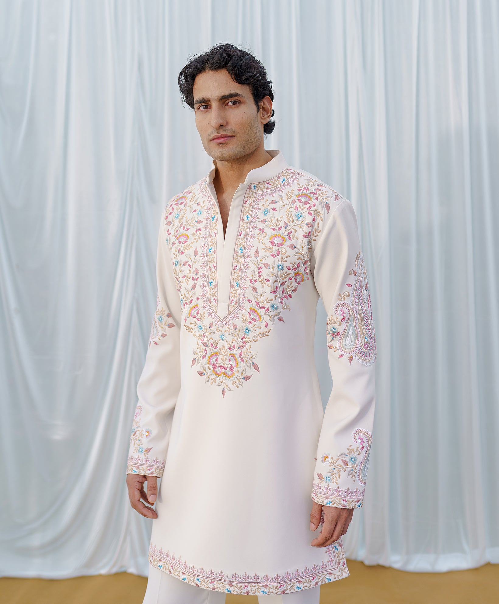 Cream Hand embroidered kurta with wide trousers
