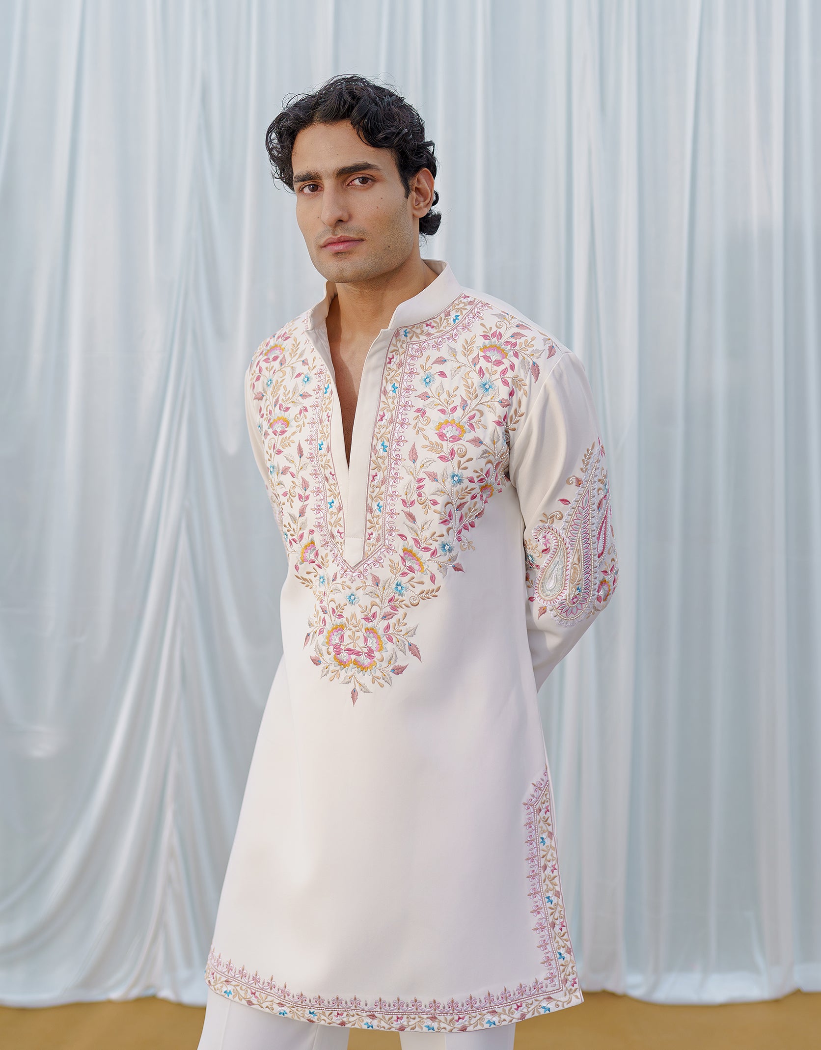 Cream Hand embroidered kurta with wide trousers
