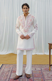 Cream Hand embroidered kurta with wide trousers