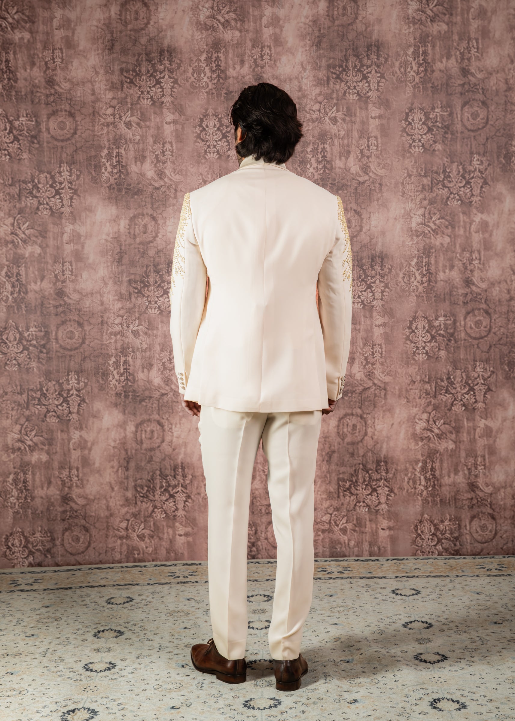 Cream hand embroidered tuxedo suit
