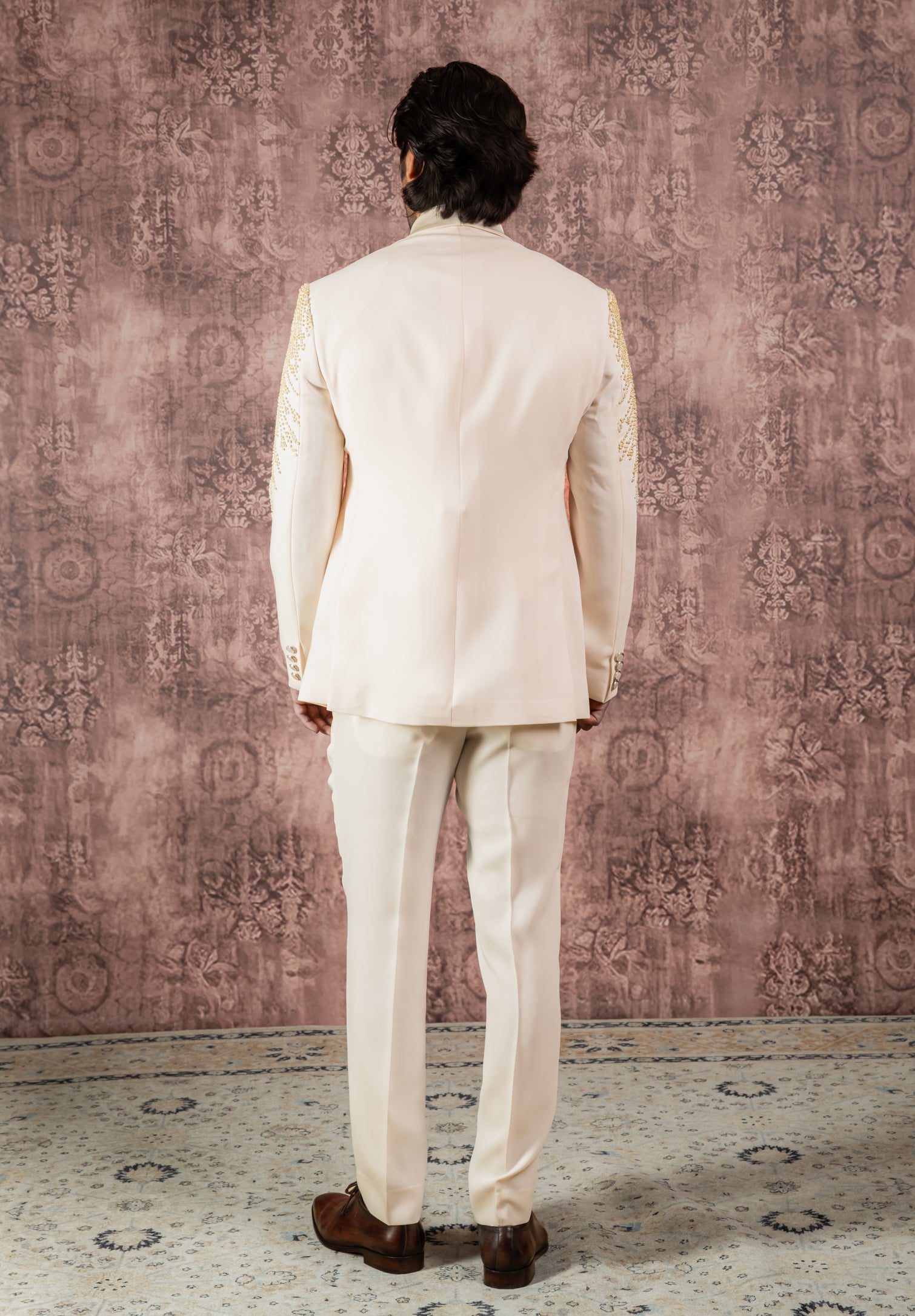 Cream hand embroidered tuxedo suit