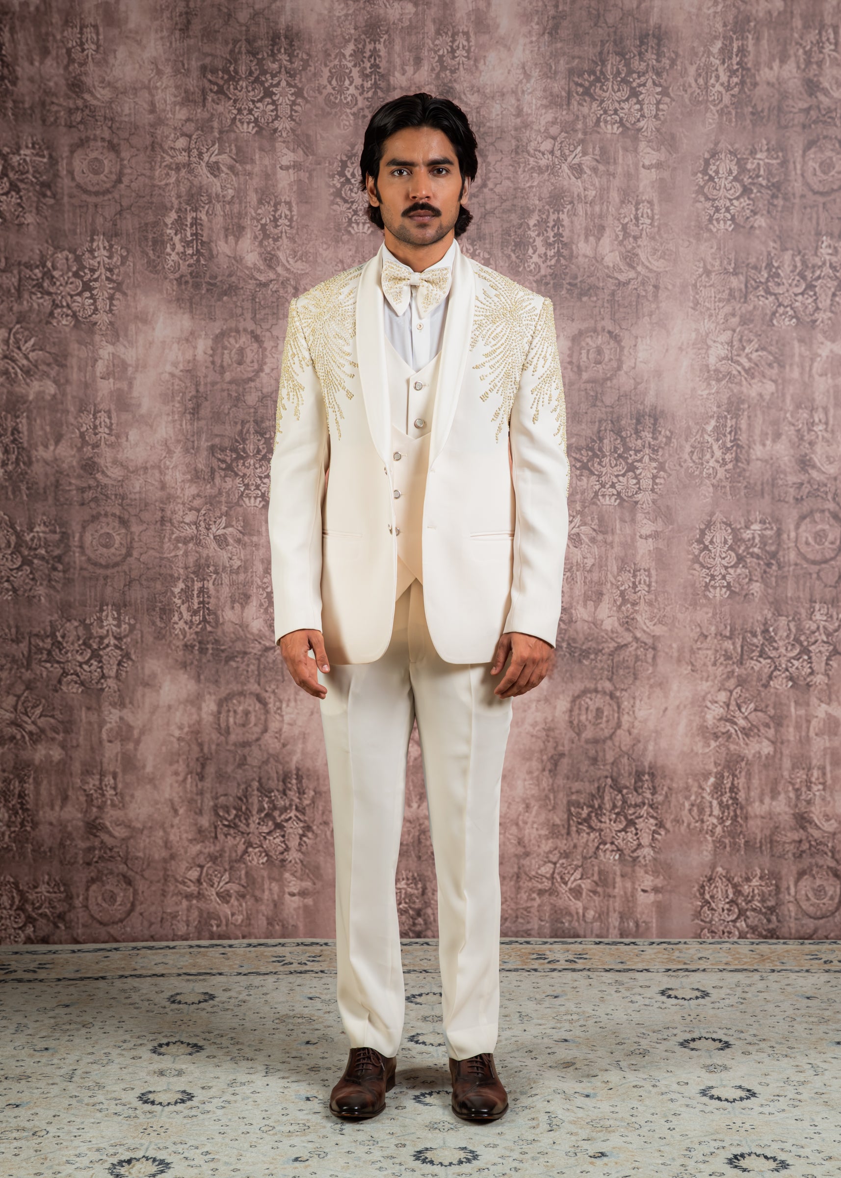 Cream hand embroidered tuxedo suit