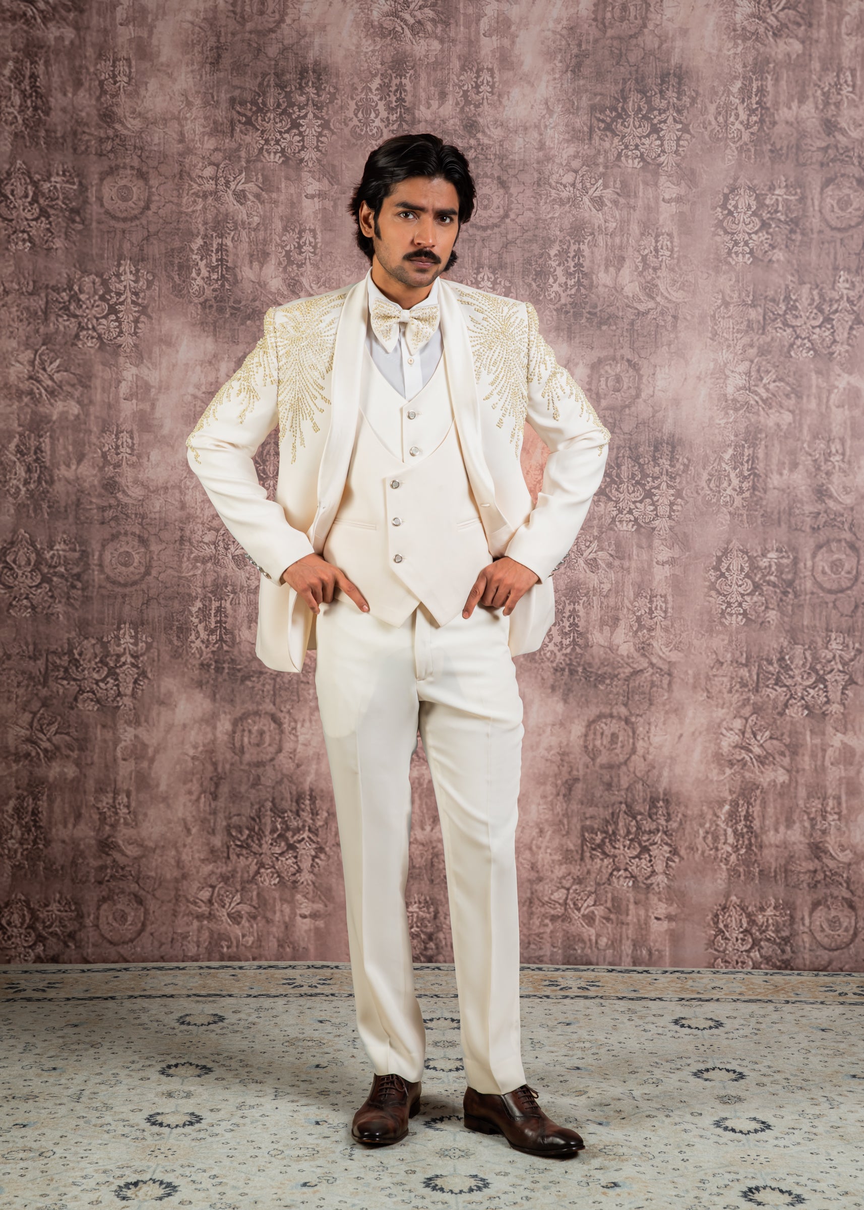 Cream hand embroidered tuxedo suit