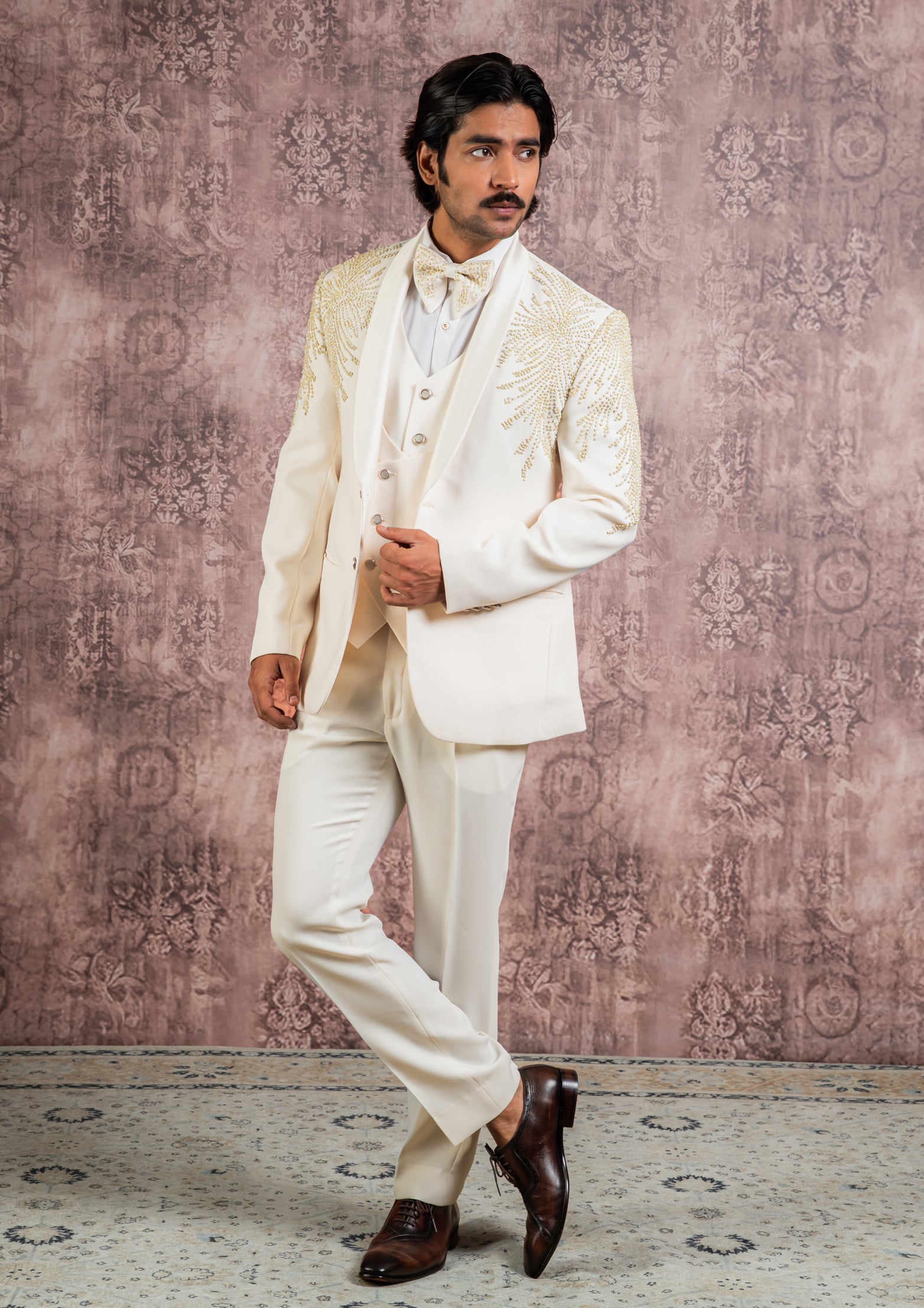 Cream hand embroidered tuxedo suit