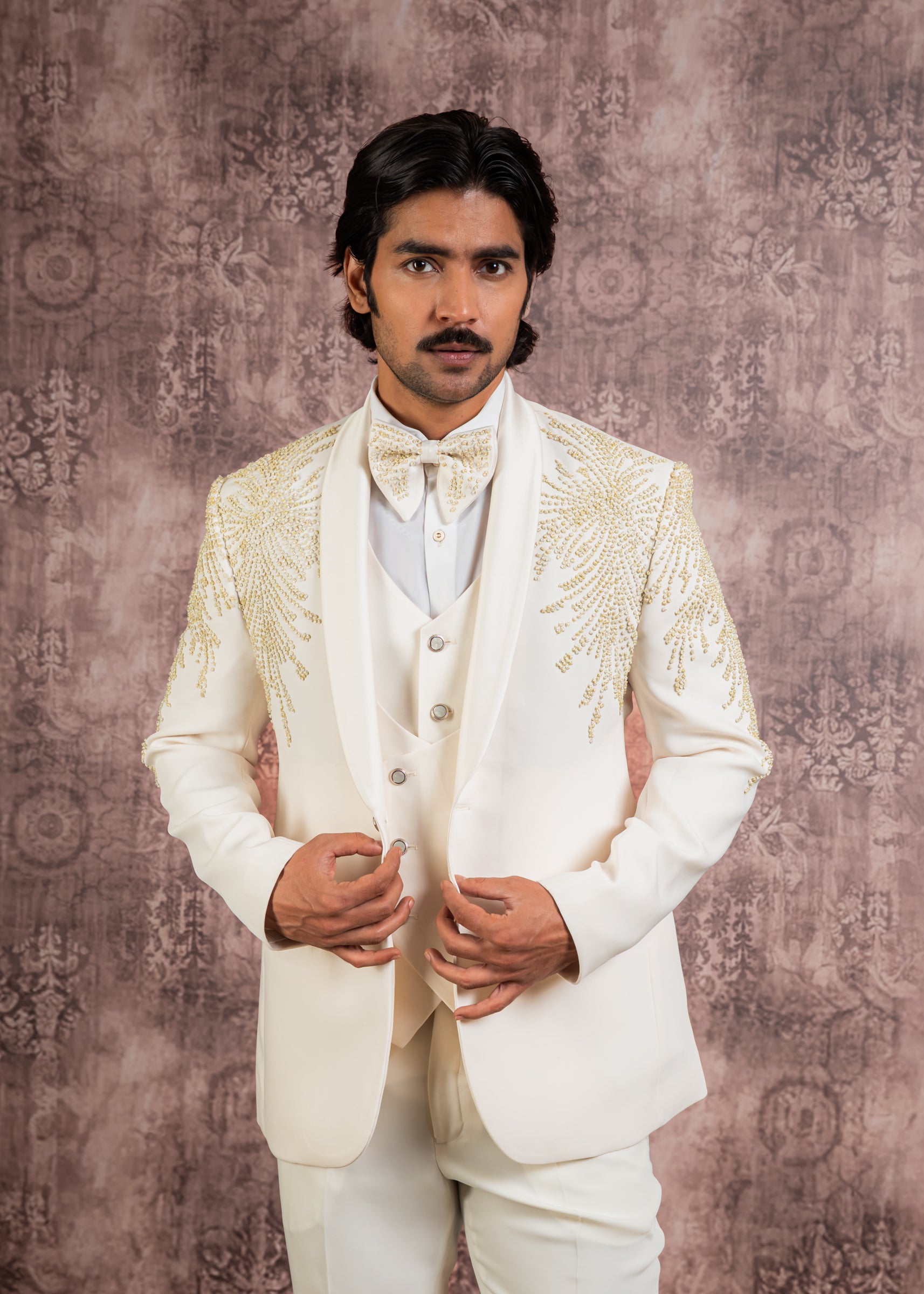 Cream hand embroidered tuxedo suit