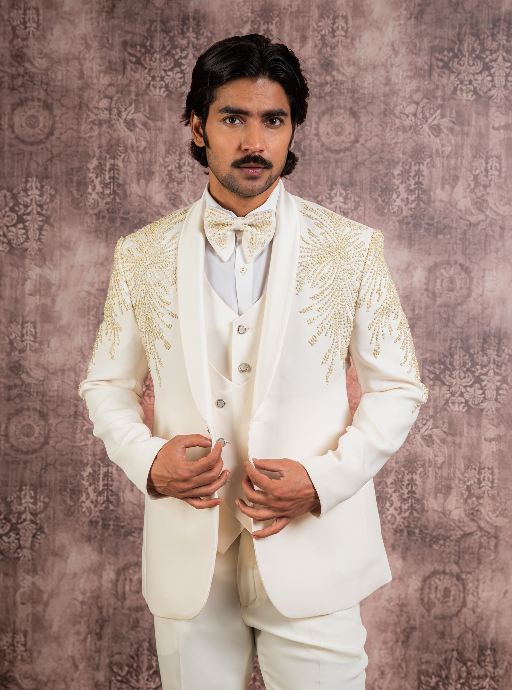 Cream hand embroidered tuxedo suit