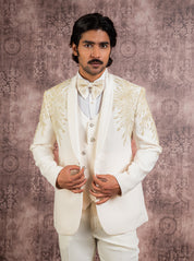 Cream hand embroidered tuxedo suit