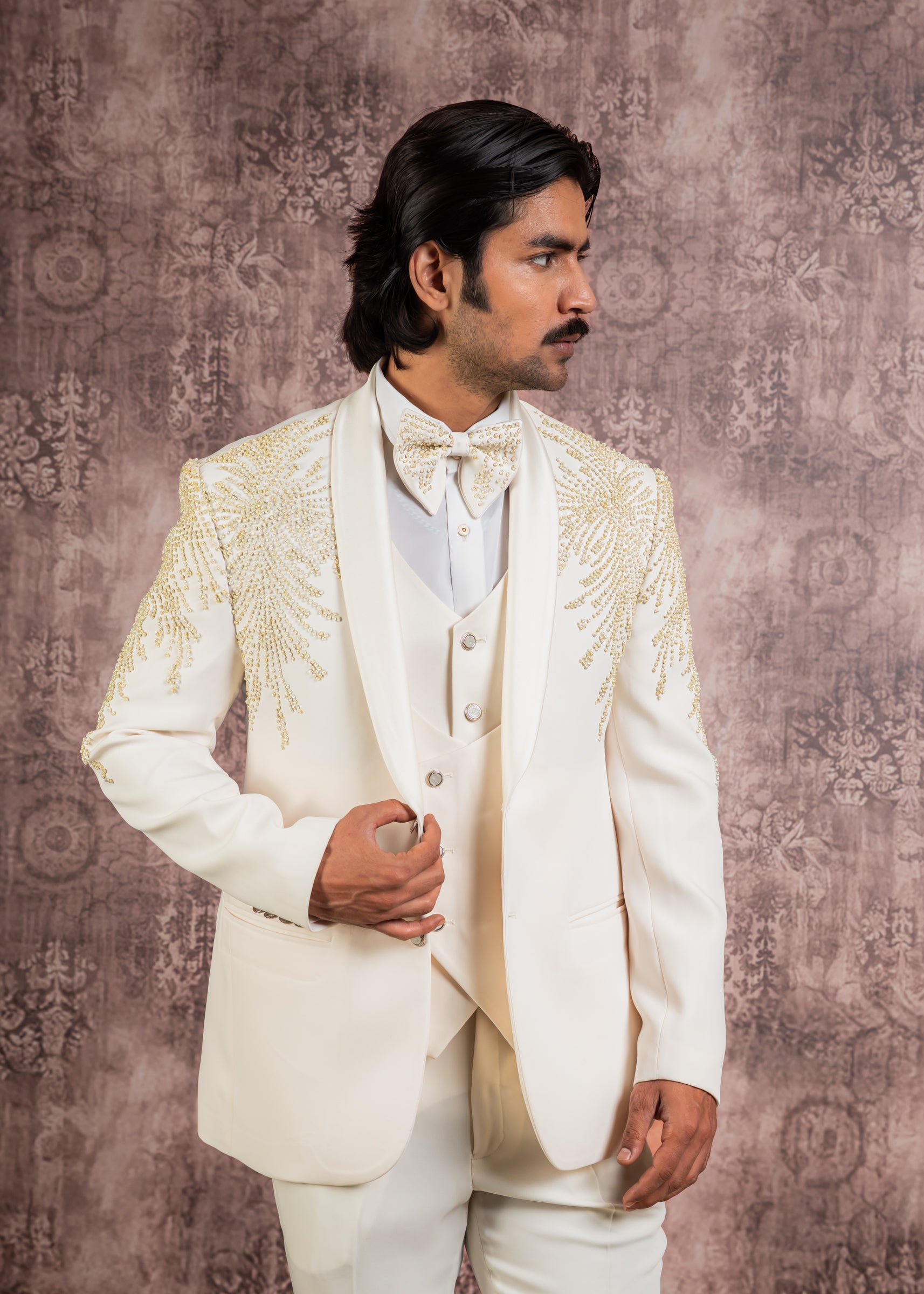 Cream hand embroidered tuxedo suit