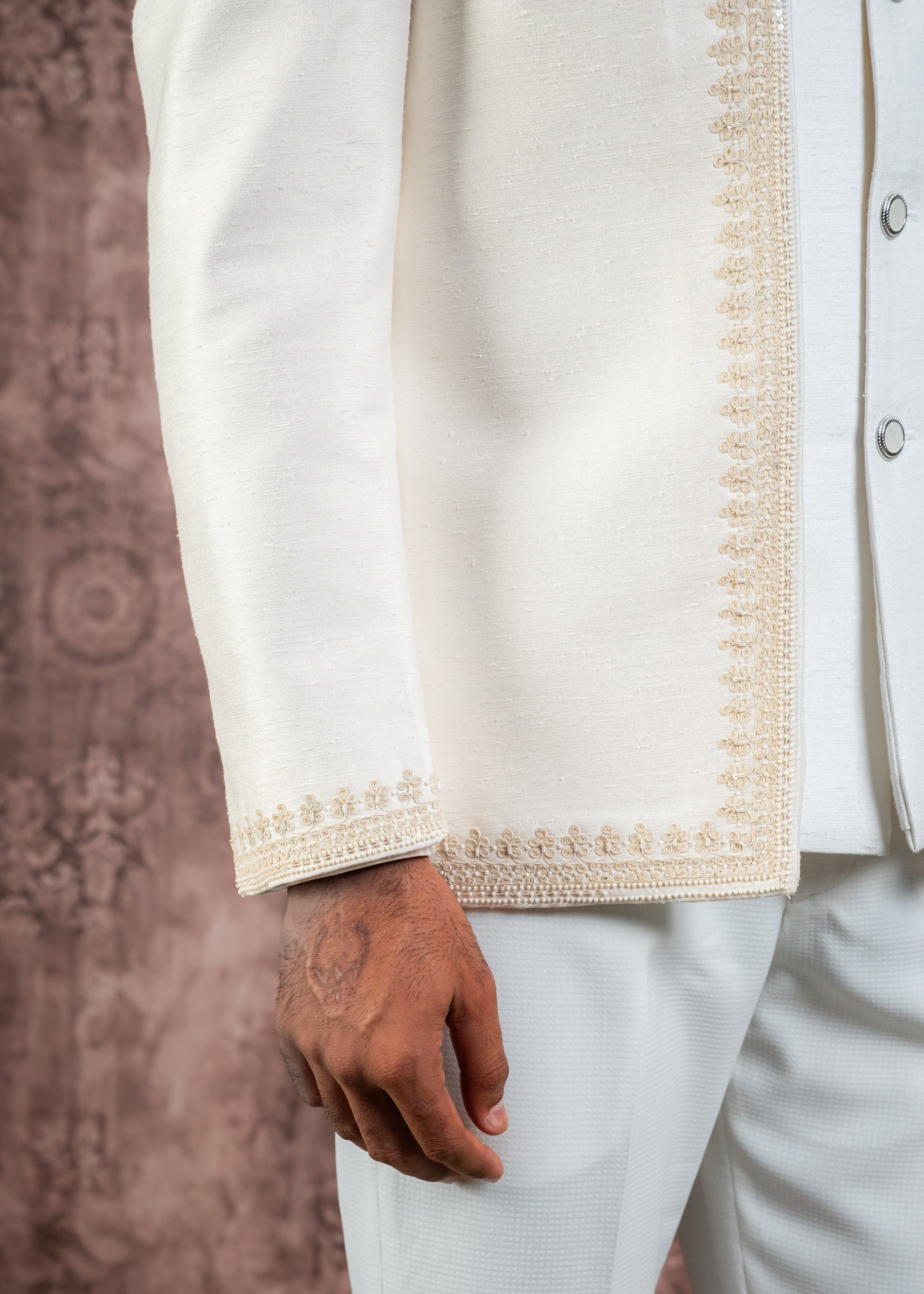 Cream open bandhgala with hand embroidery