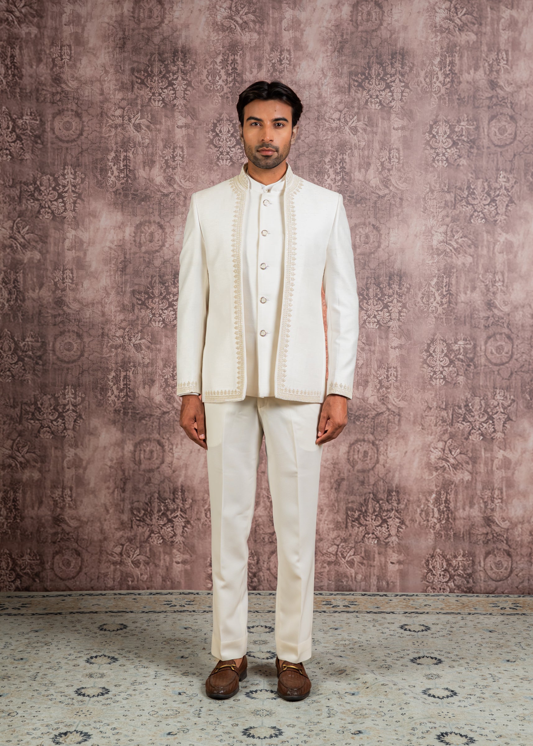 Cream open bandhgala with hand embroidery
