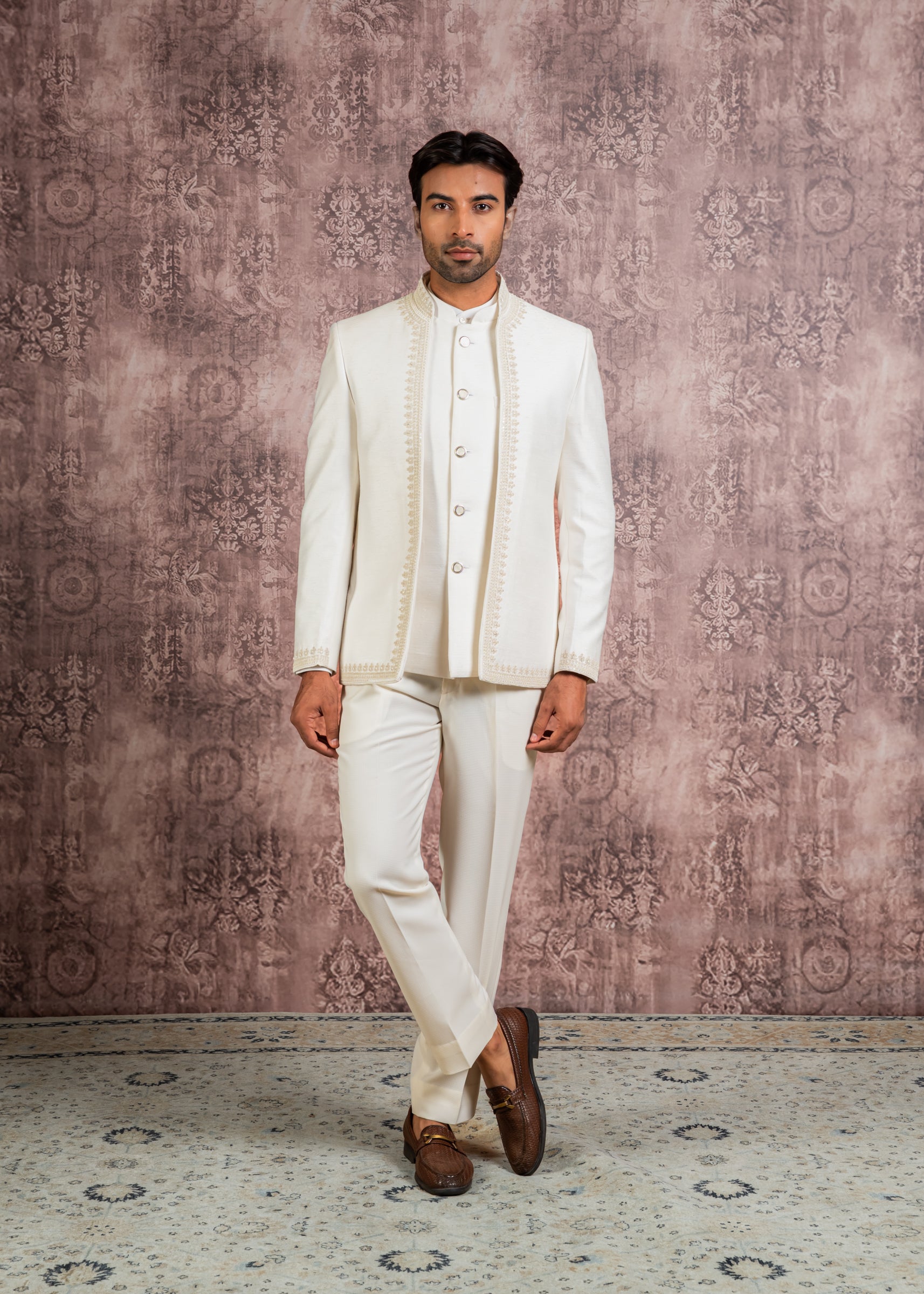 Cream open bandhgala with hand embroidery