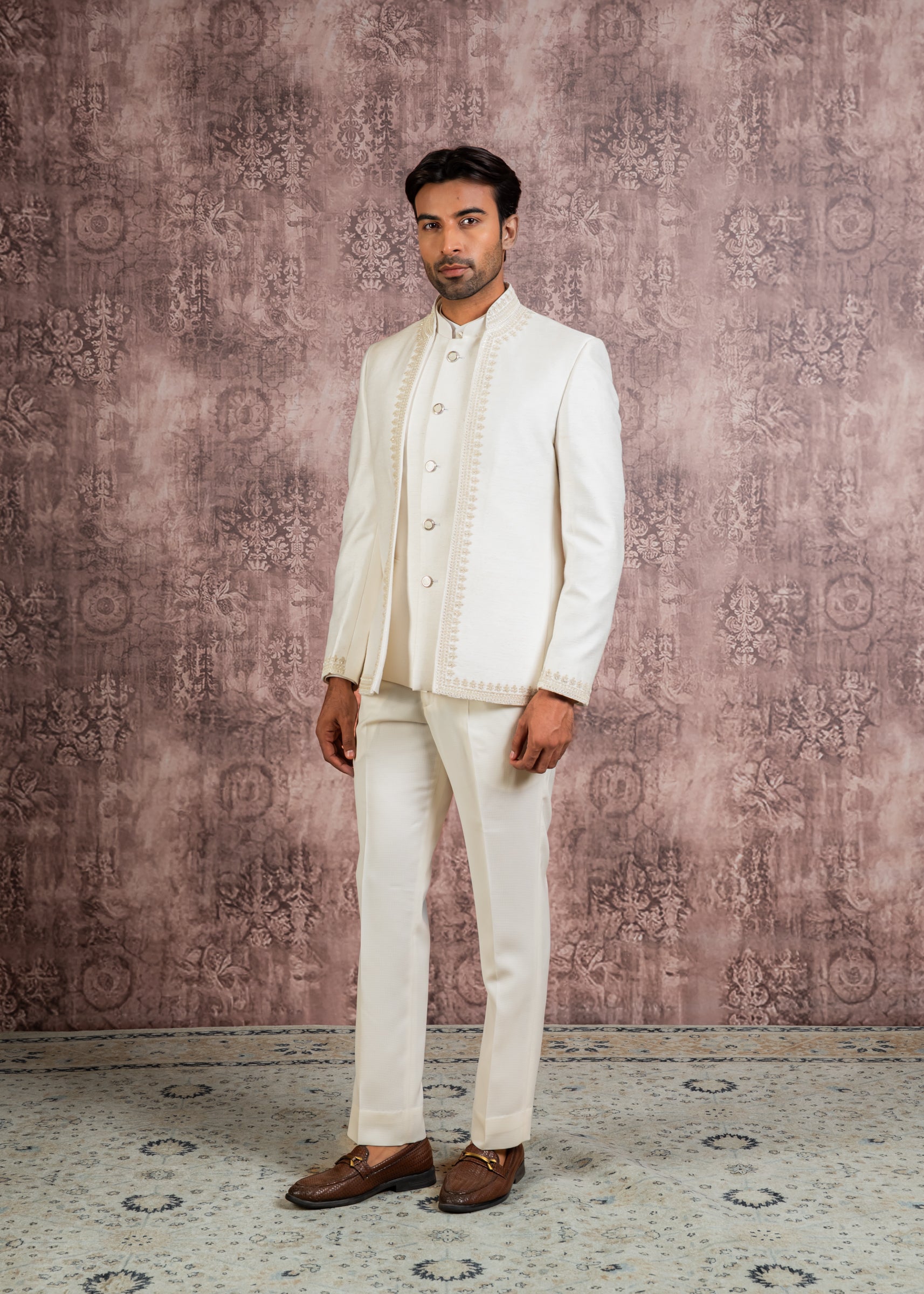 Cream open bandhgala with hand embroidery
