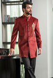 Rust Velvet Long Bandhgala with Embroidered Designer Patch