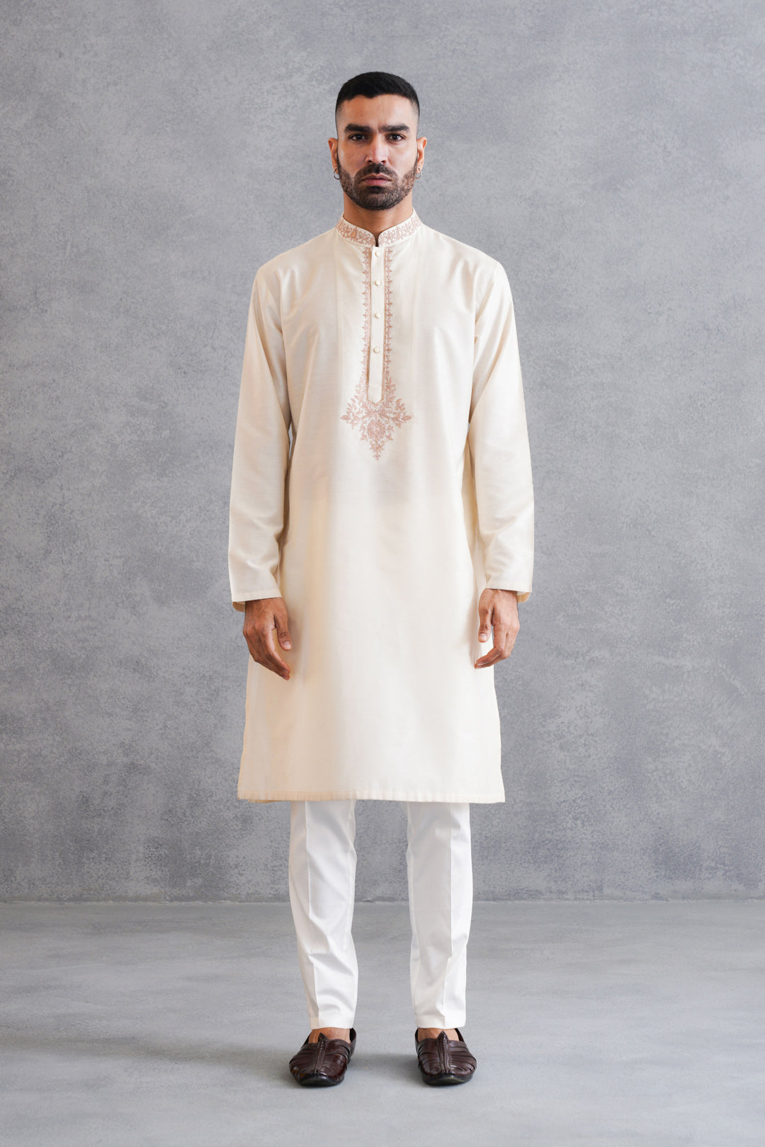 Beige Dori Work Kurta with long jacket set