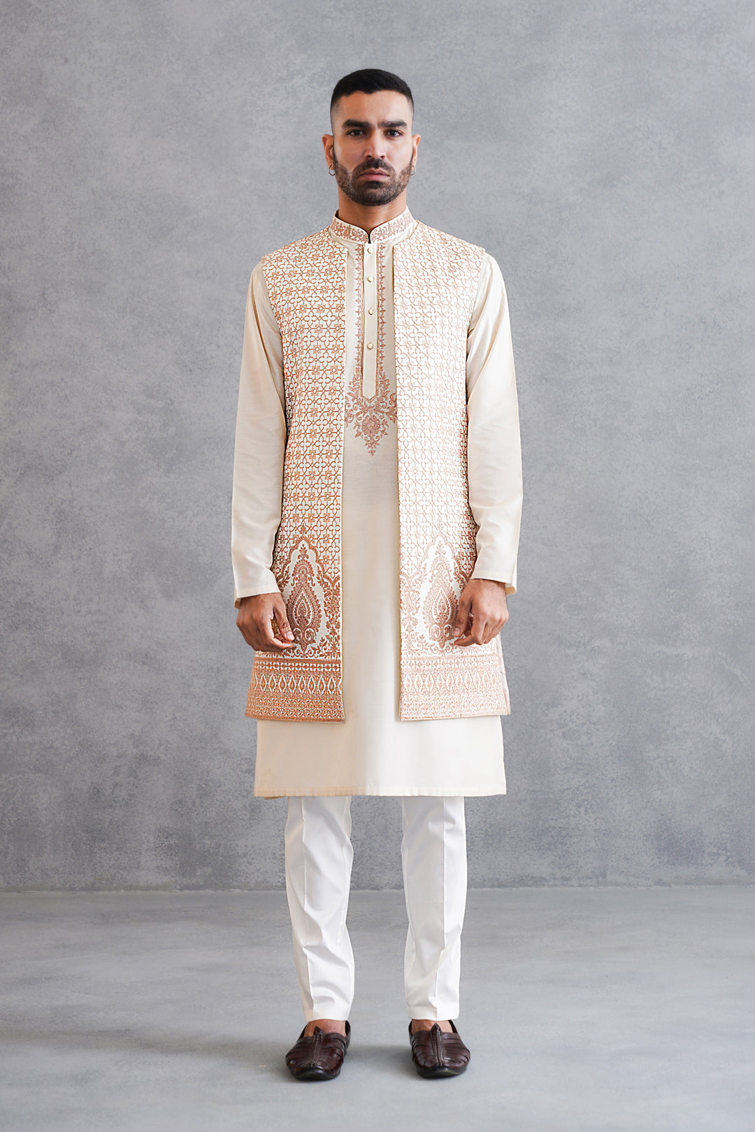 Beige Dori Work Kurta with long jacket set