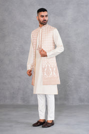 Beige Dori Work Kurta with long jacket set