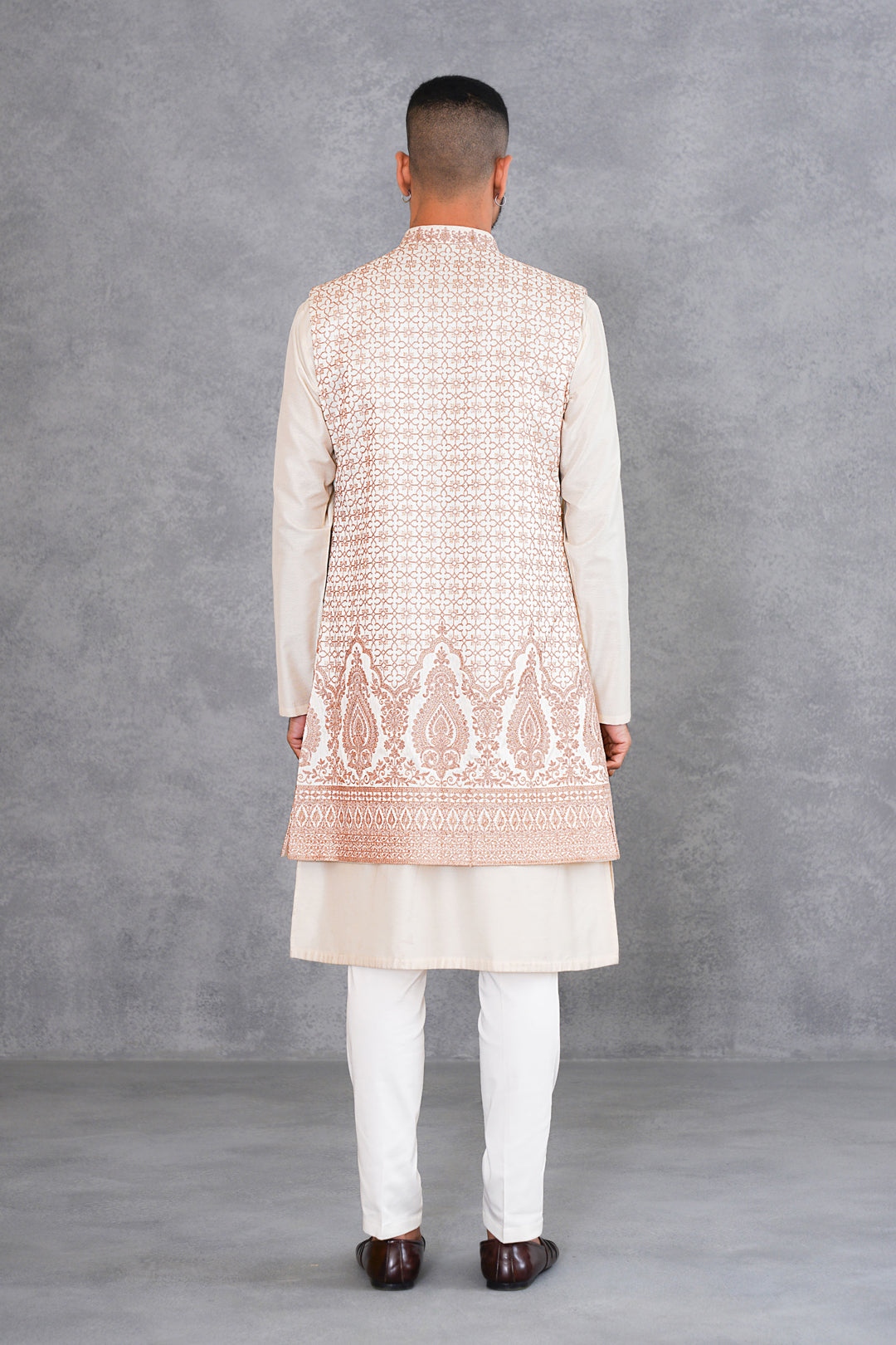 Beige Dori Work Kurta with long jacket set