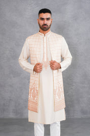Beige Dori Work Kurta with long jacket set