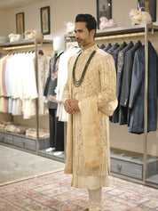 gold Pure Raw Silk Sherwani with stole