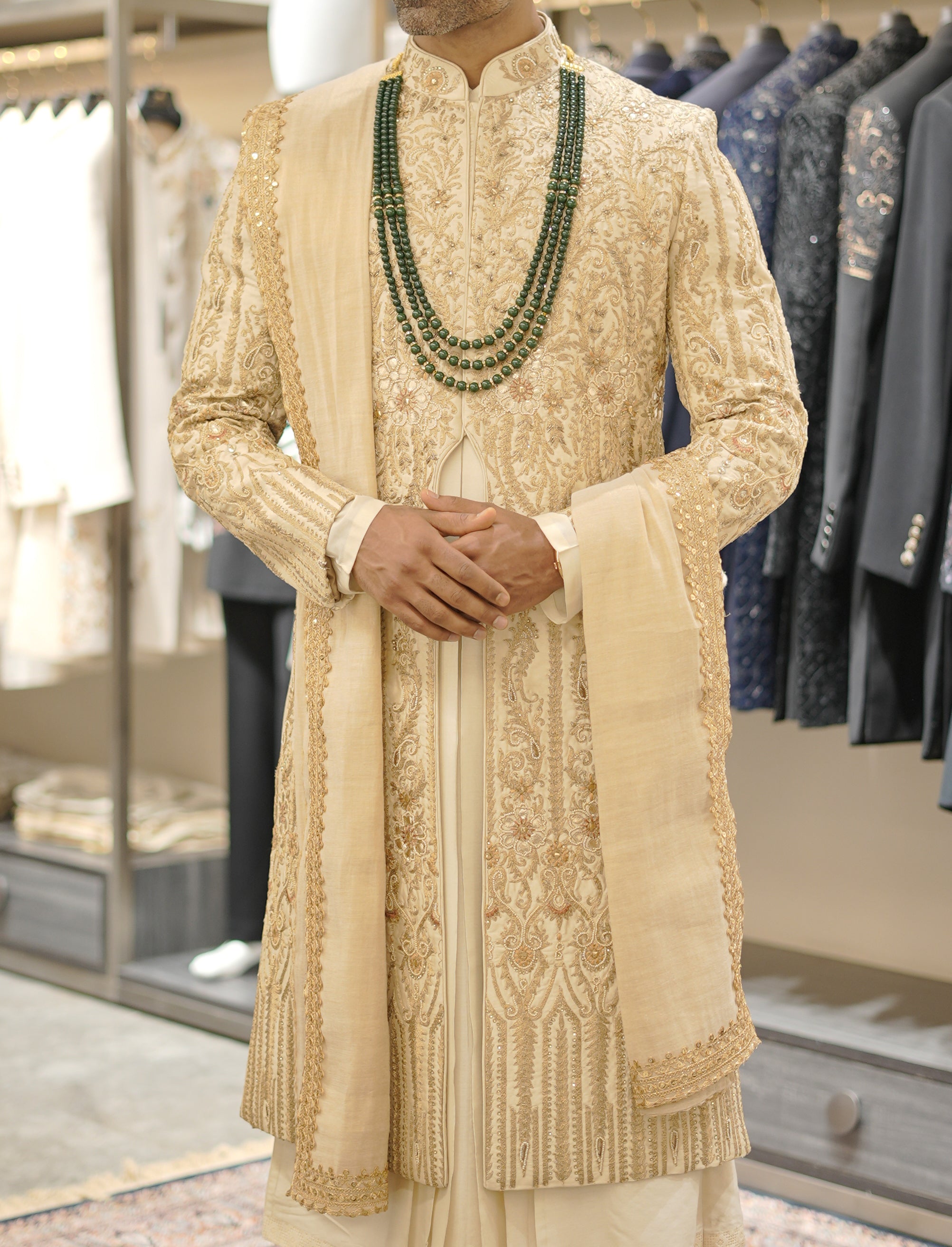 gold Pure Raw Silk Sherwani with stole