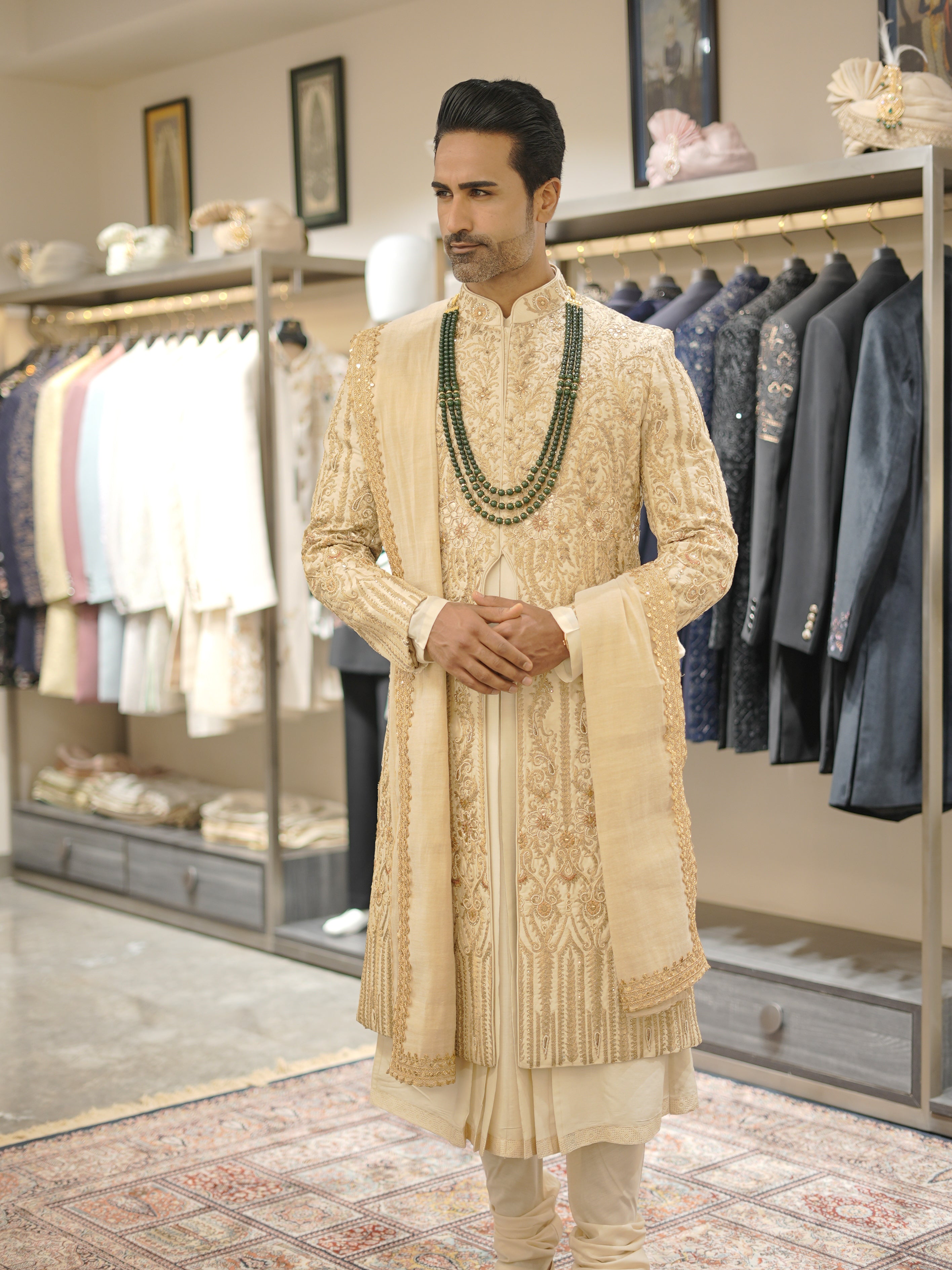 gold Pure Raw Silk Sherwani with stole